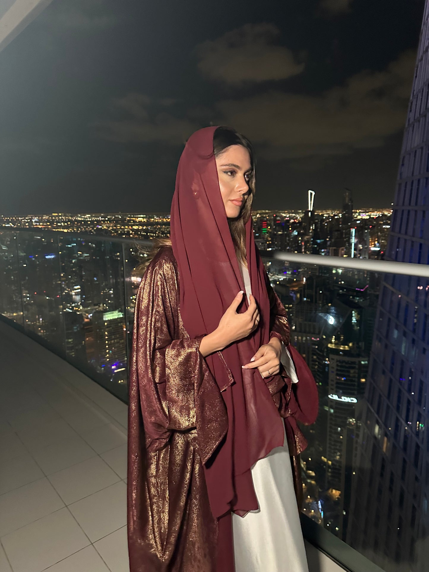 Esra Metallic Open Abaya with slits CLEARANCE