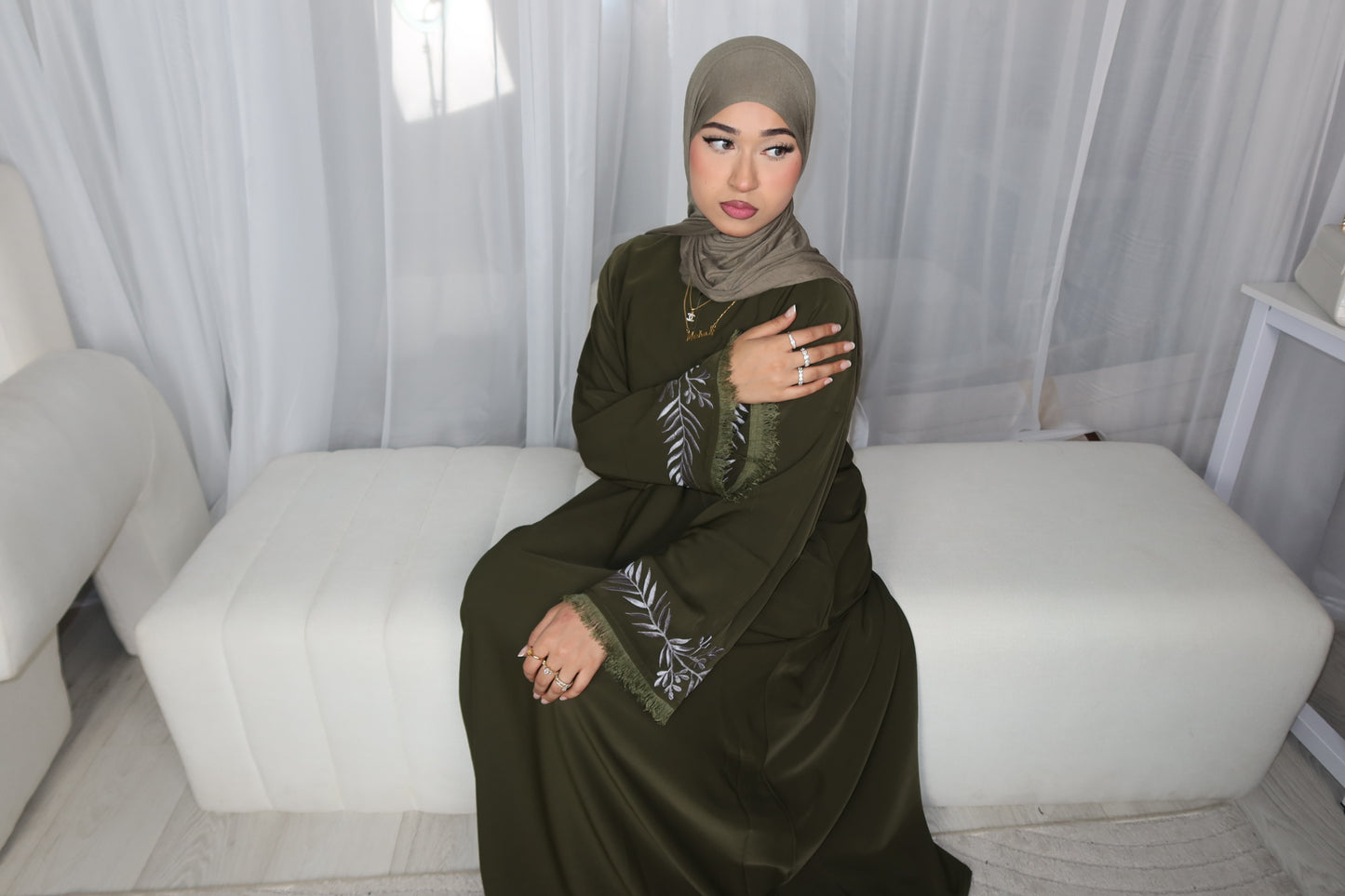 Filisteen olive embroidery closed abaya with matching embroidery hijab