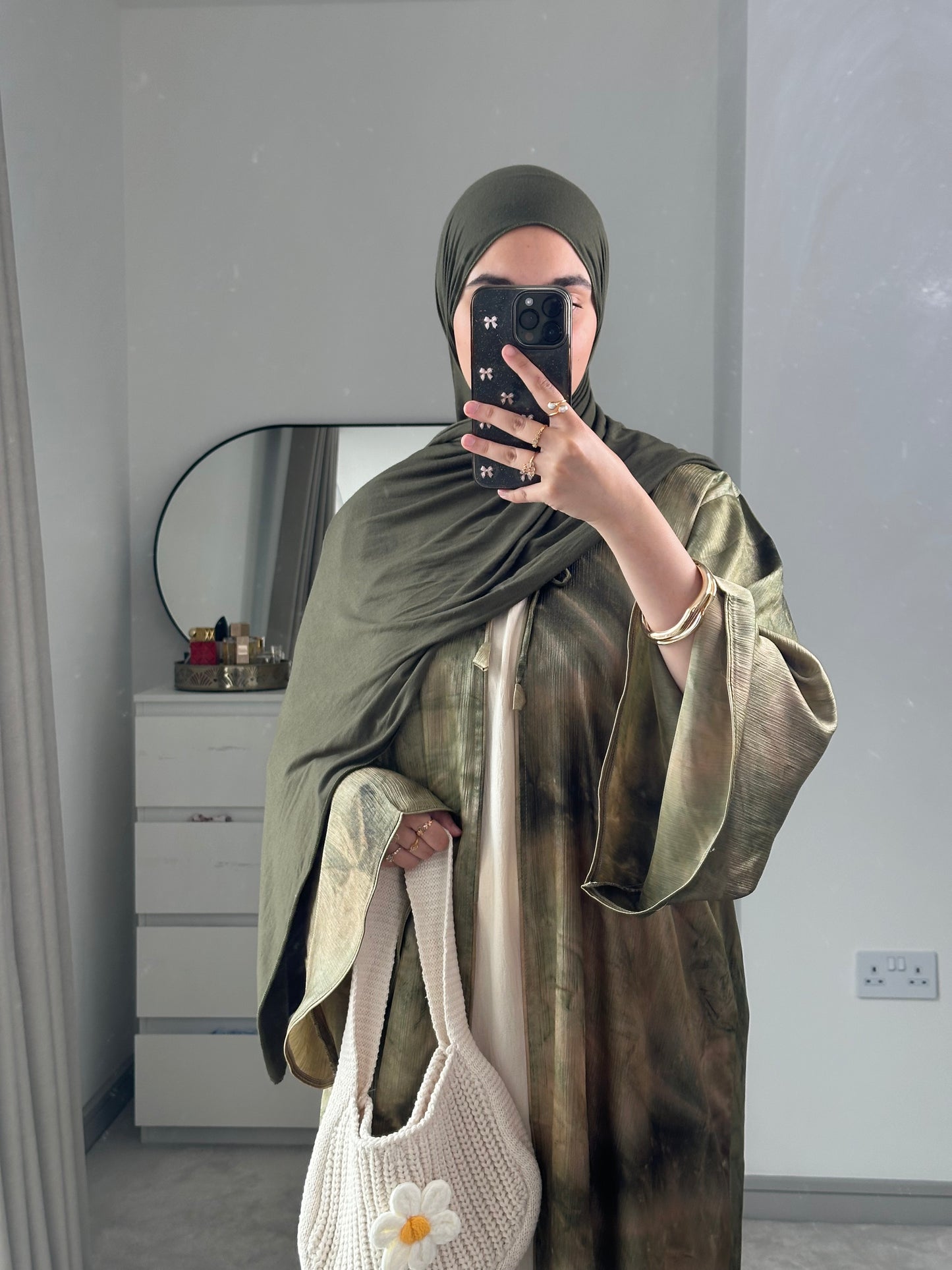 Bow tie up marble printed abaya