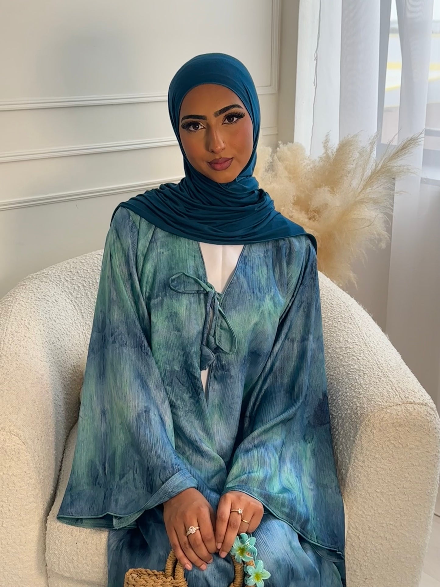 Bow tie up marble printed abaya
