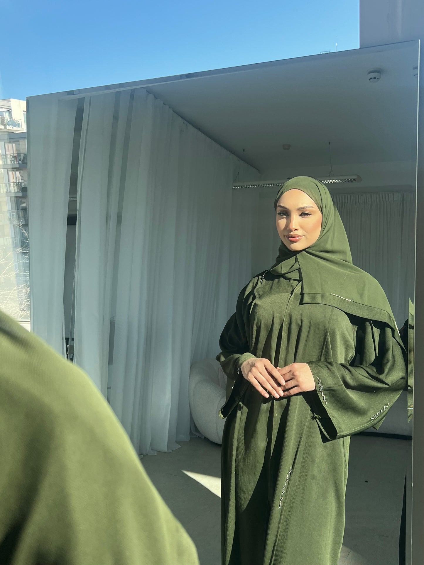Sultan olive embellished buttoned abaya