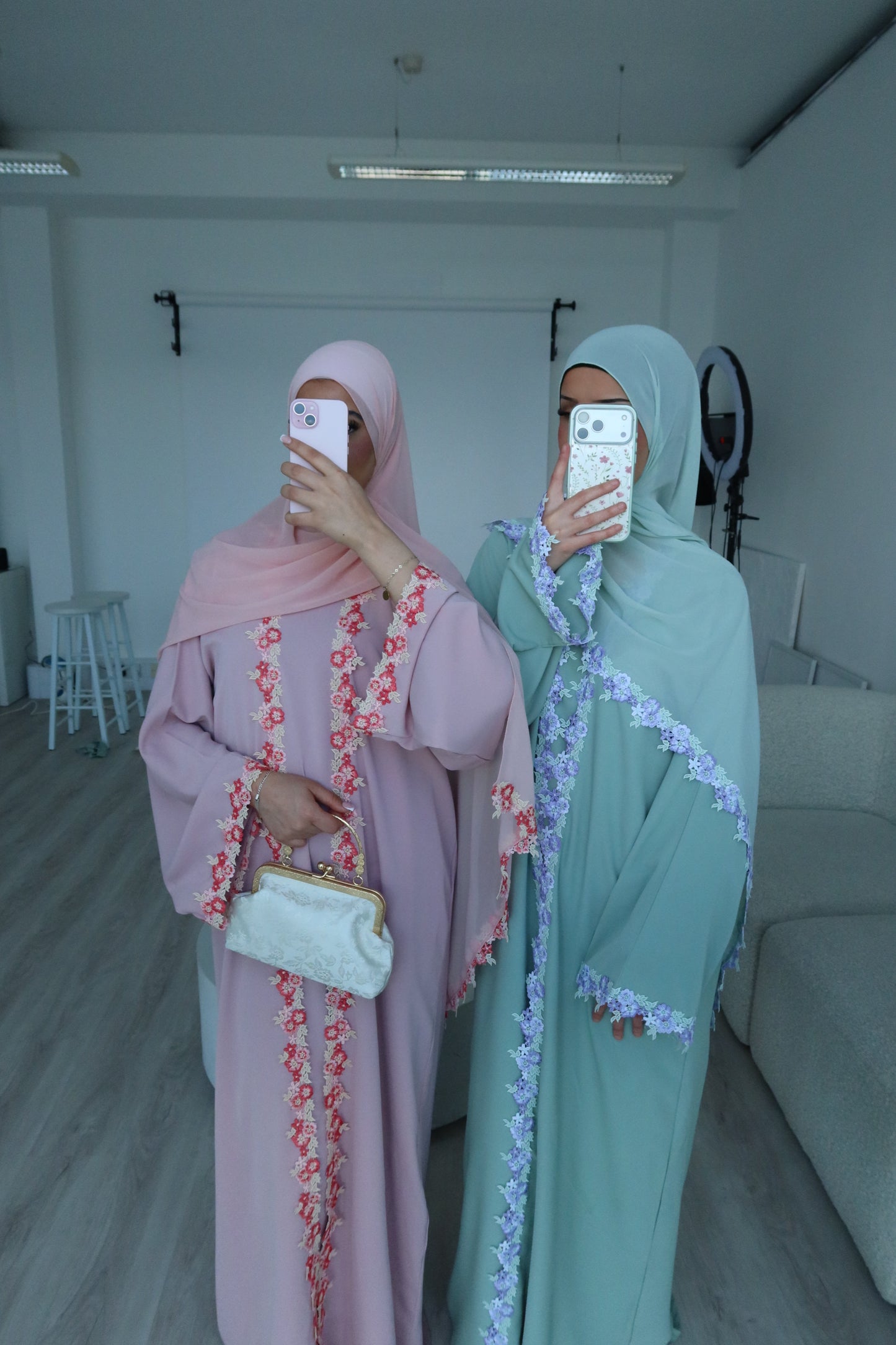 Yalda lace floral abaya set with inner slip dress