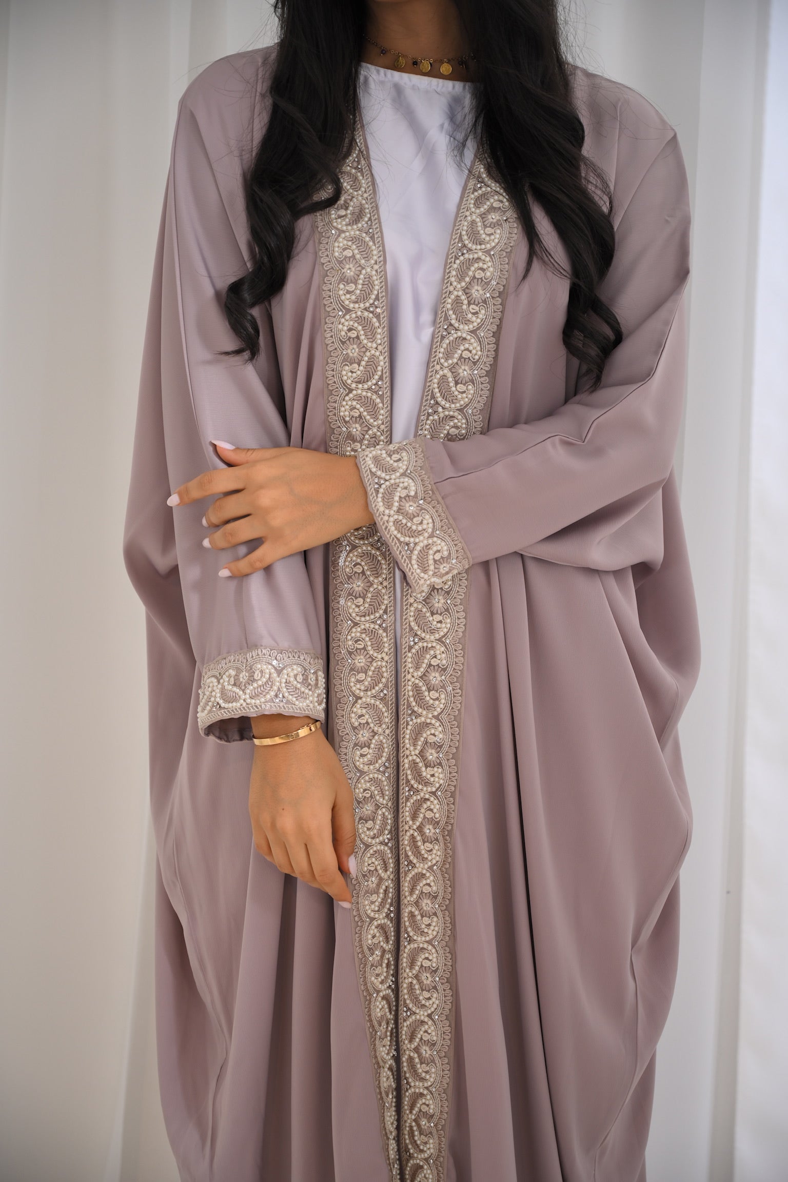 Light Pink with pearls Luxury Lace Open Abaya LIMITED EDITION DROP modesty living Light Pink with pearls Luxury Lace Open Abaya LIMITED EDITION DROP modesty living