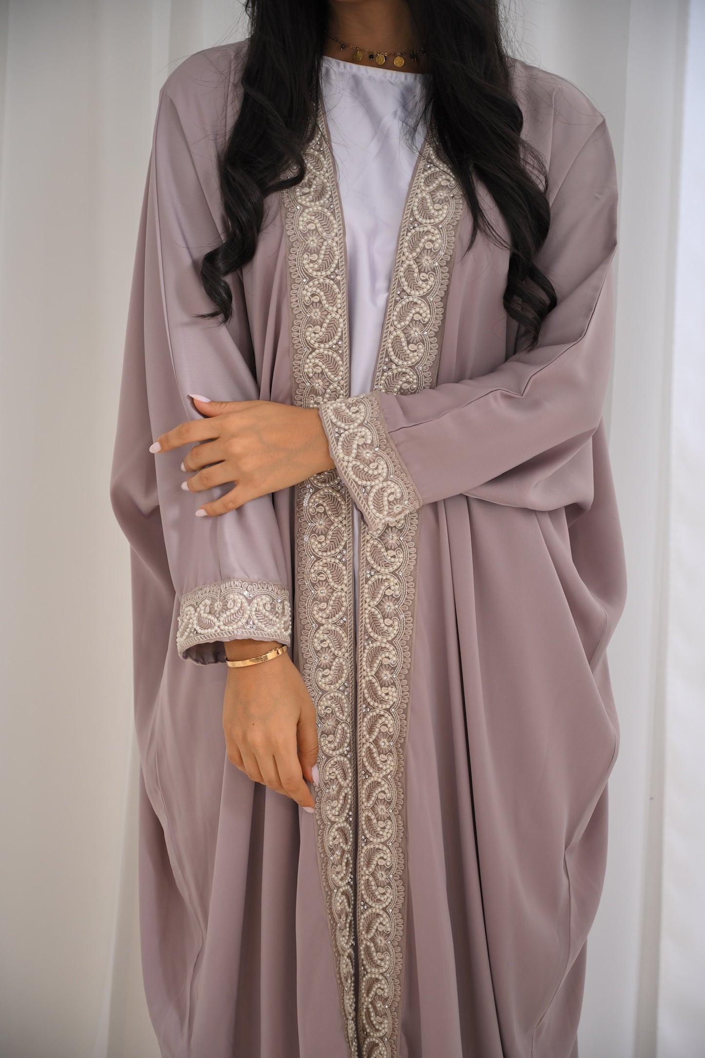 Light Pink with pearls Eid Luxury Lace Open Abaya LIMITED EDITION DROP