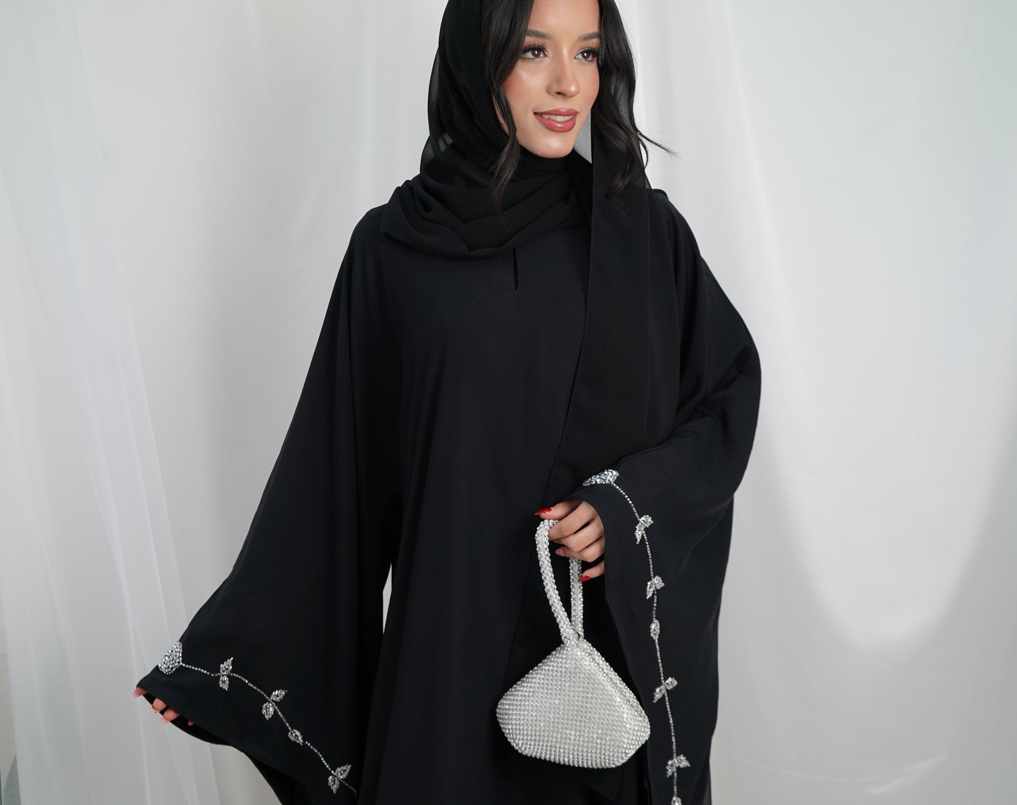 Eman bell sleeves silver embellished closed abaya