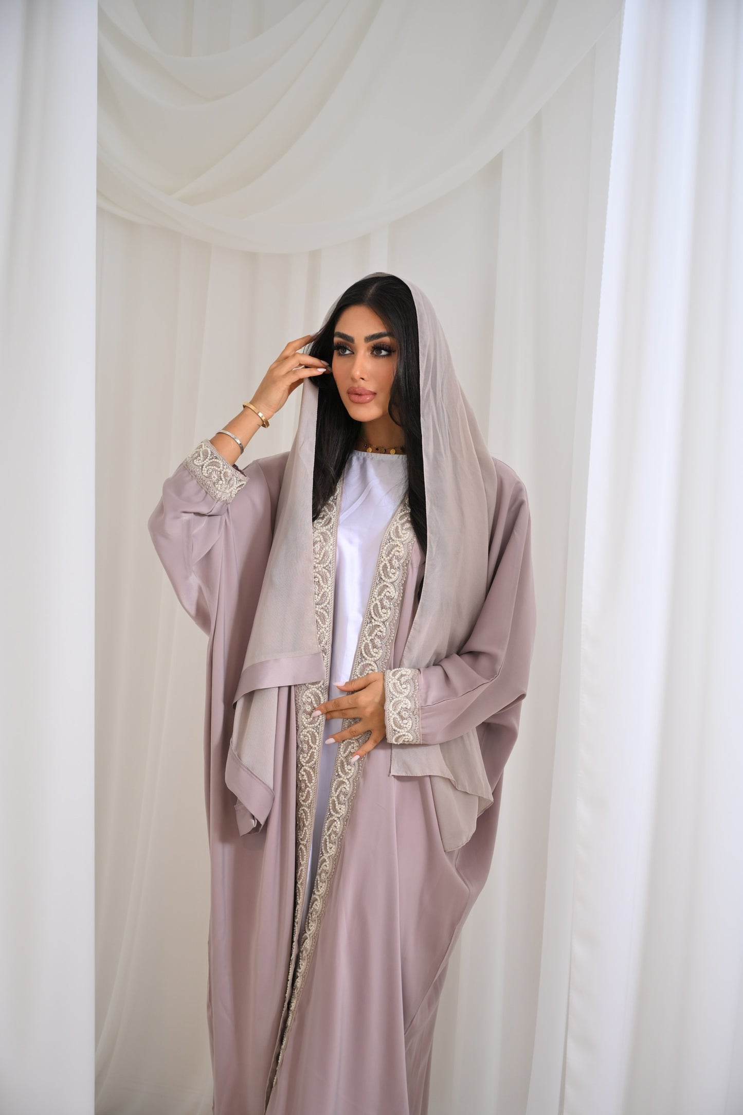 Light Pink with pearls Eid Luxury Lace Open Abaya LIMITED EDITION DROP