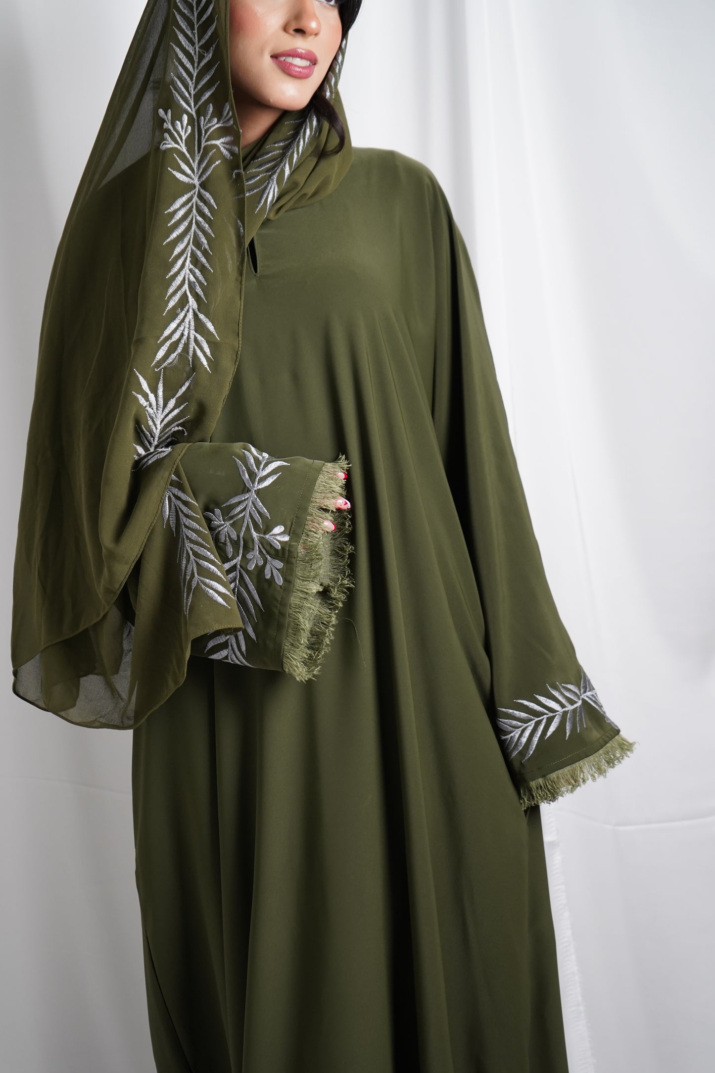 Filisteen olive embroidery closed abaya with matching embroidery hijab