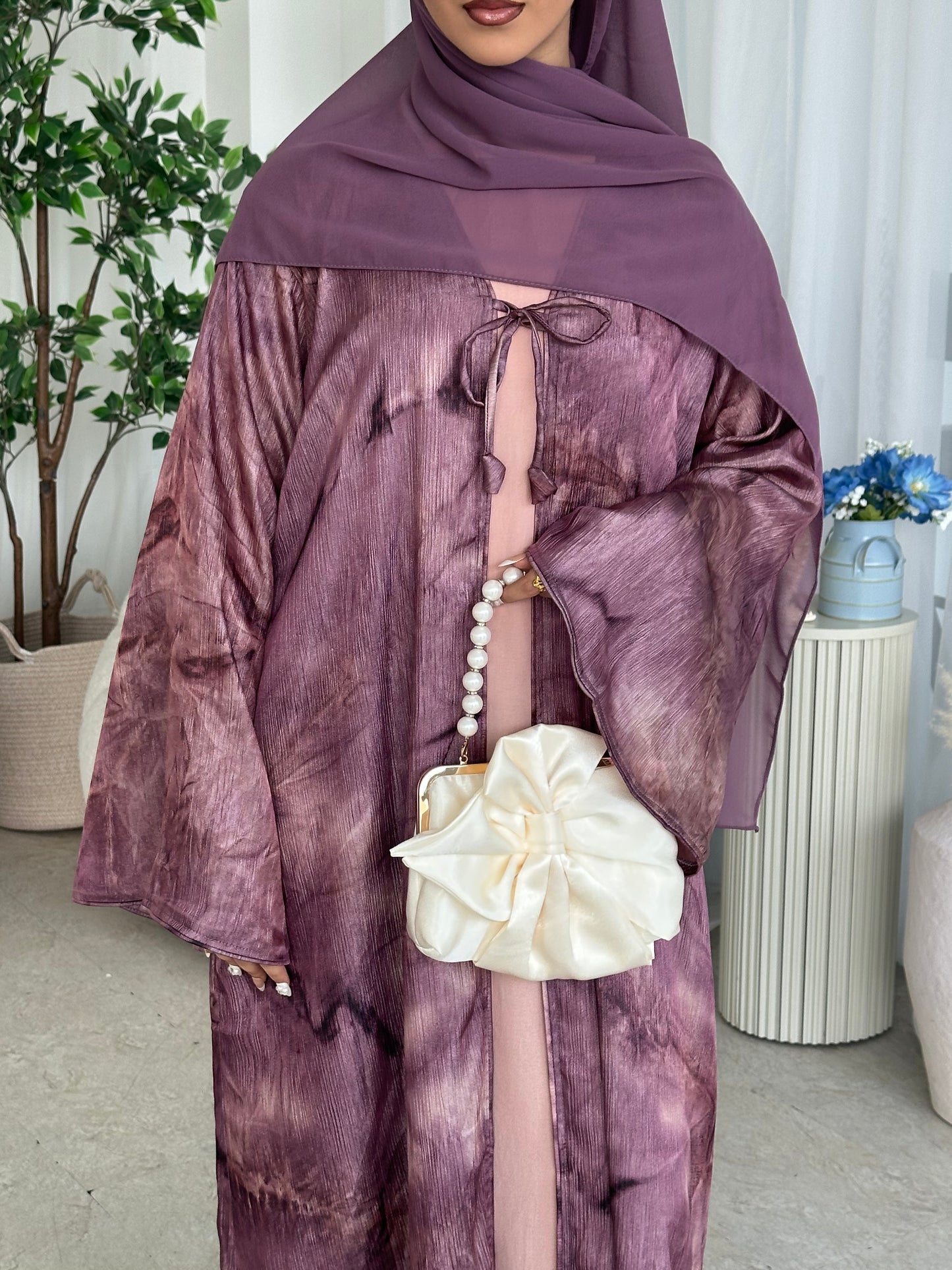 Bow tie up marble printed abaya