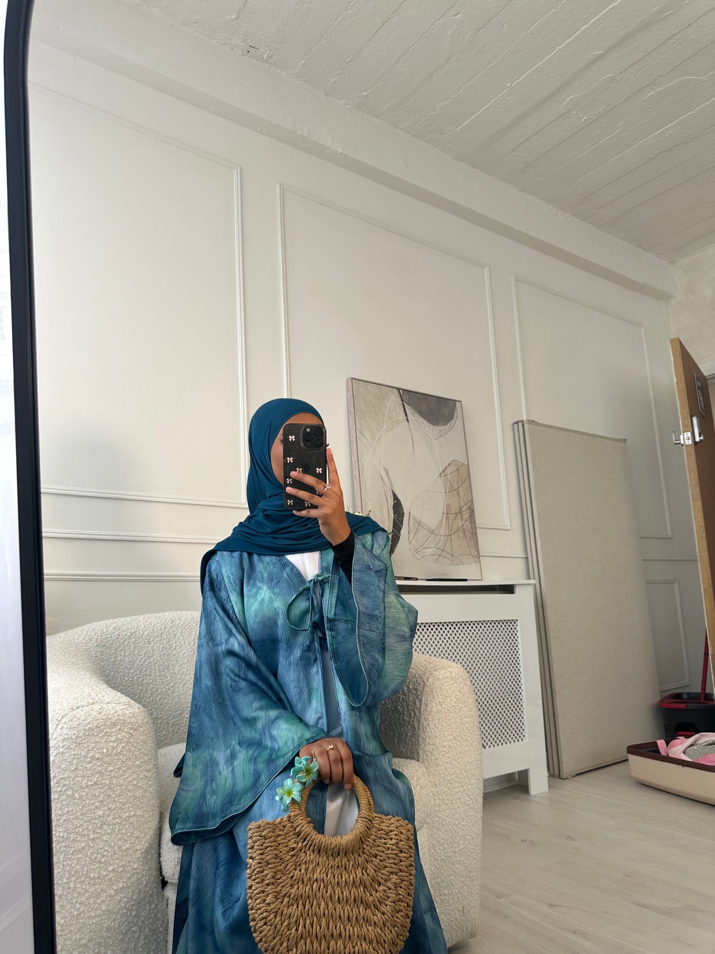 Bow tie up marble printed abaya