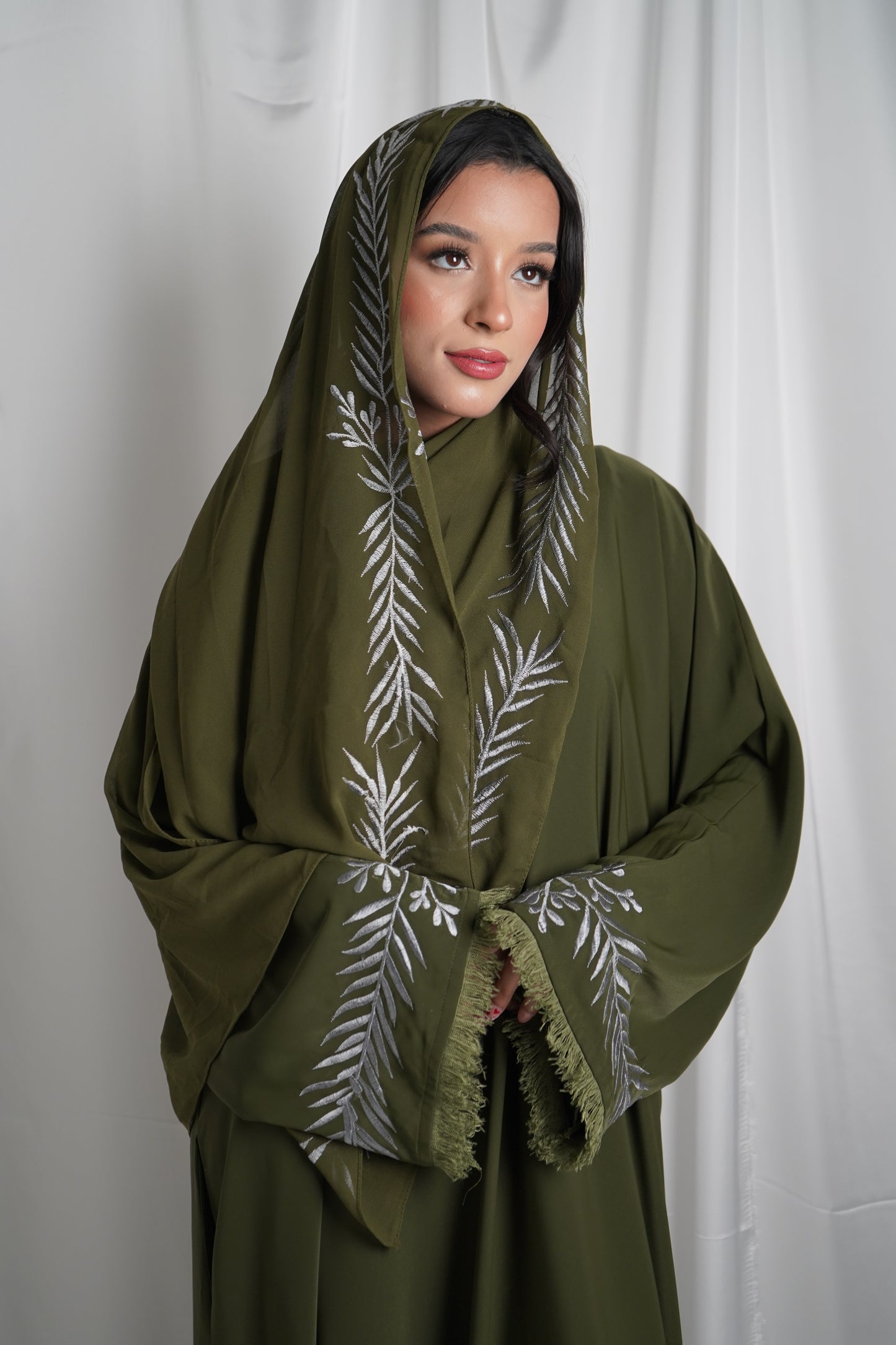 Filisteen olive embroidery closed abaya with matching embroidery hijab