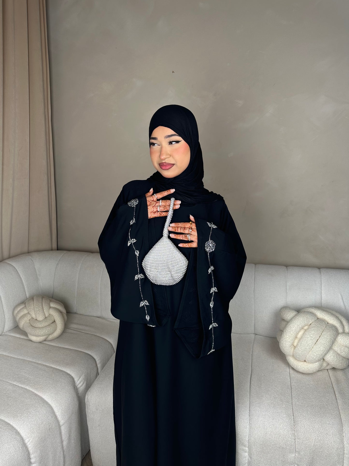 Eman bell sleeves silver embellished closed abaya