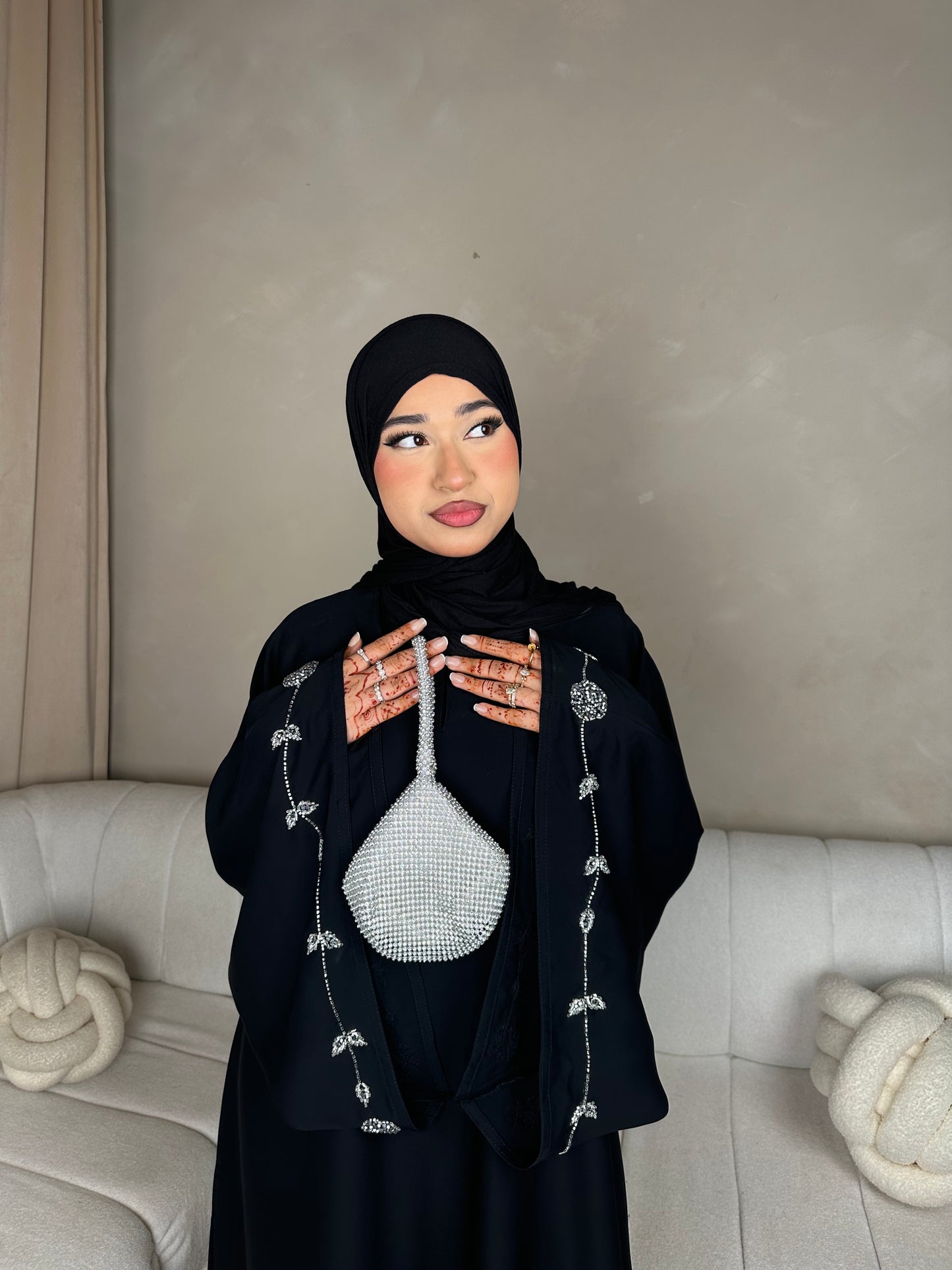 Eman bell sleeves silver embellished closed abaya