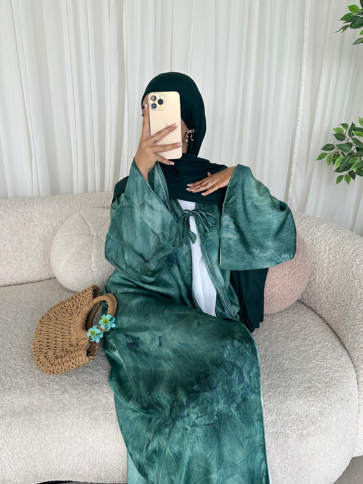 Bow tie up marble printed abaya