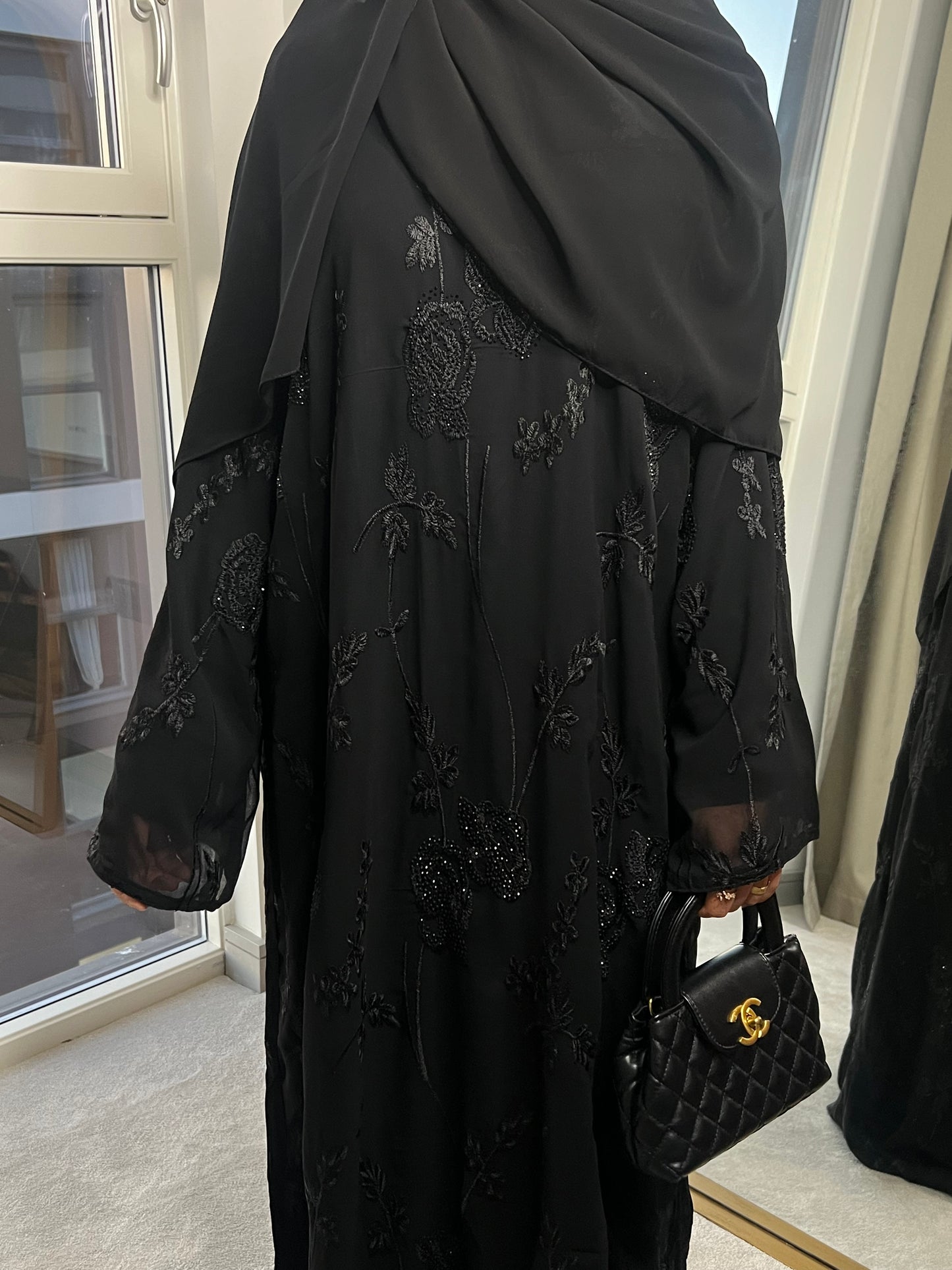 Halima chiffon black gems abaya with inner slip dress