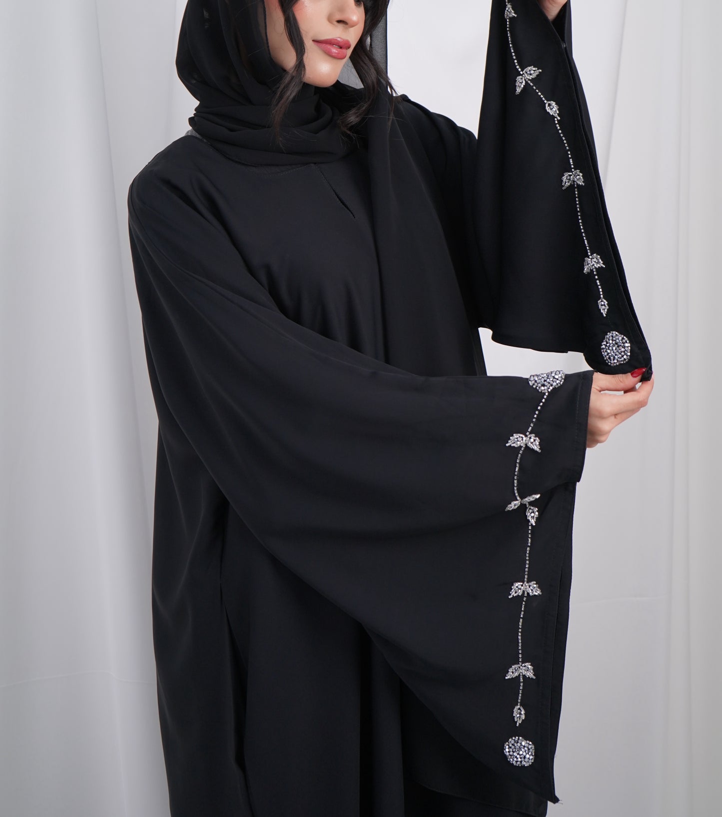 Eman bell sleeves silver embellished closed abaya
