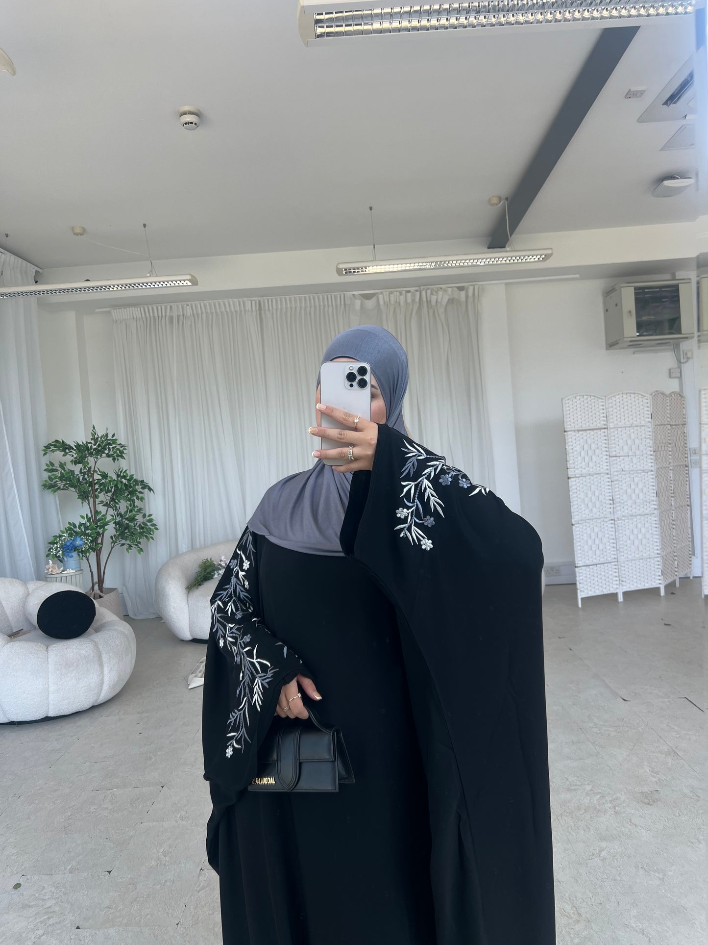 Anissa black batwing with grey embroidery abaya