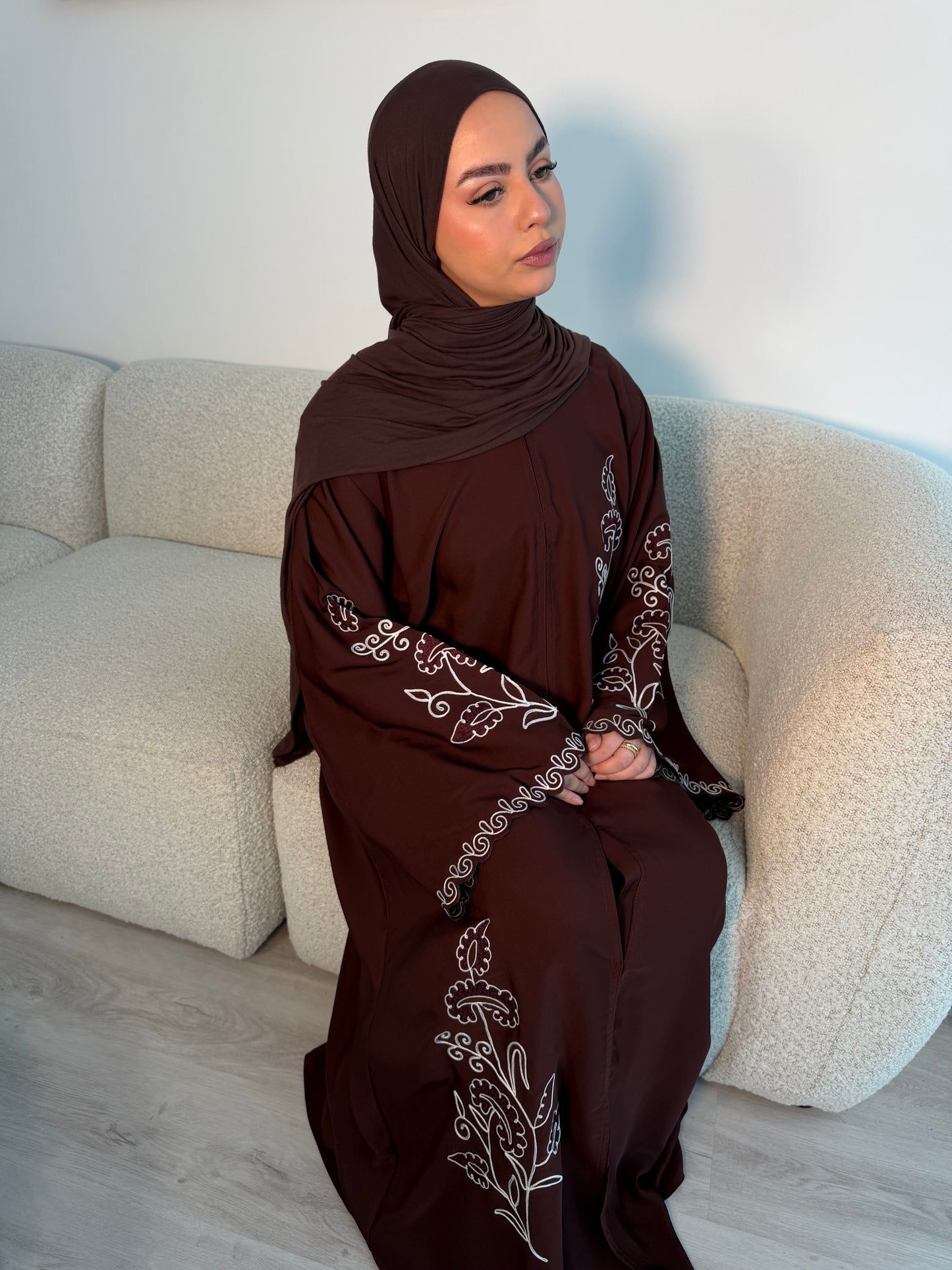 Zarina buttoned brown abaya with embroidery