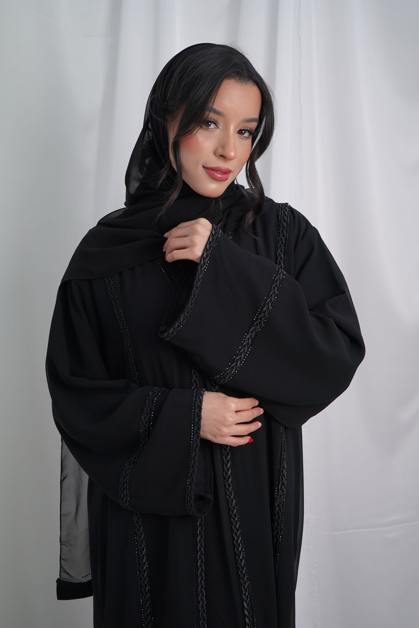 Hayaat chiffon layered black lace abaya