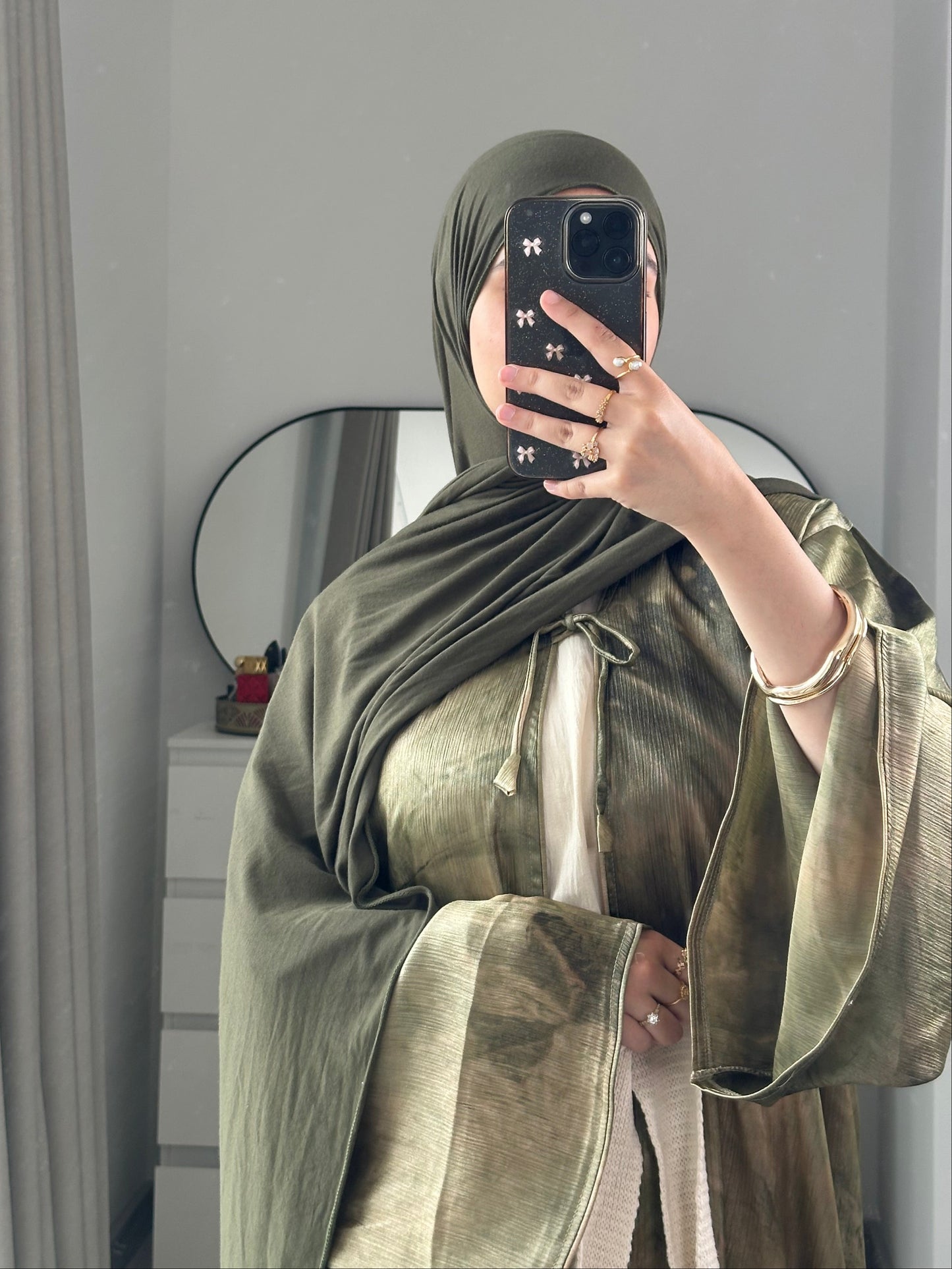 Bow tie up marble printed abaya