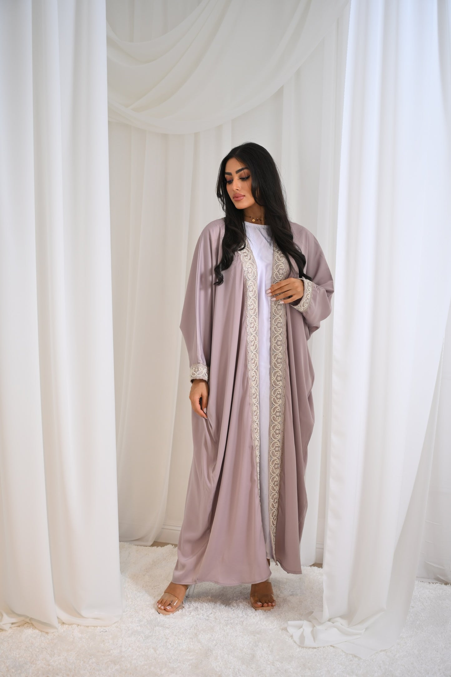 Light Pink with pearls Eid Luxury Lace Open Abaya LIMITED EDITION DROP