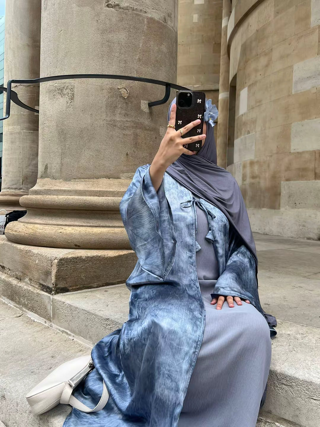 Bow tie up marble printed abaya
