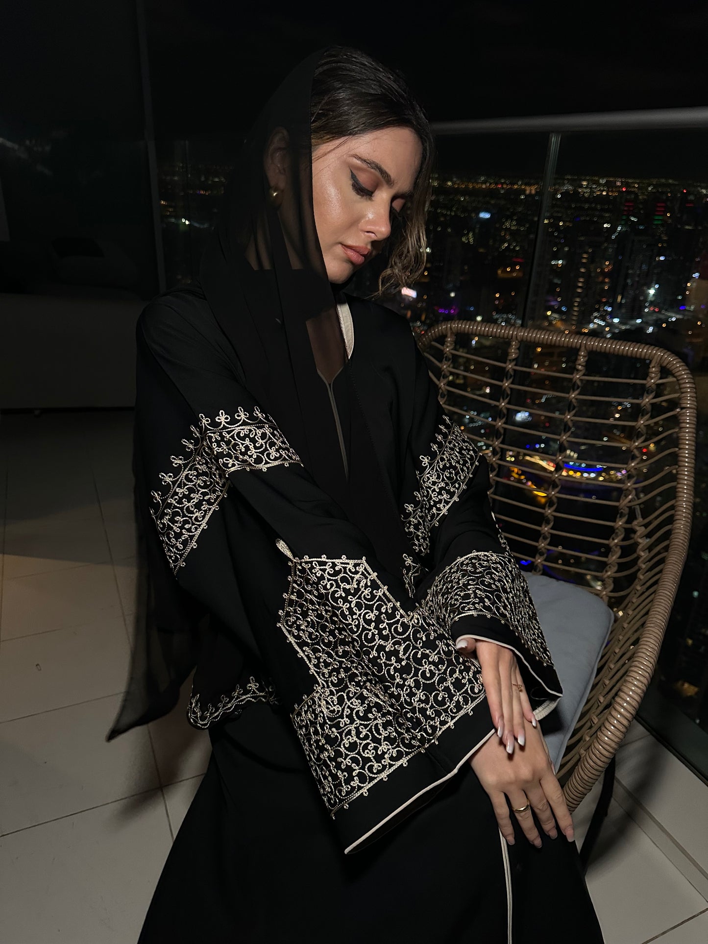Layaan black embroidery buttoned abaya