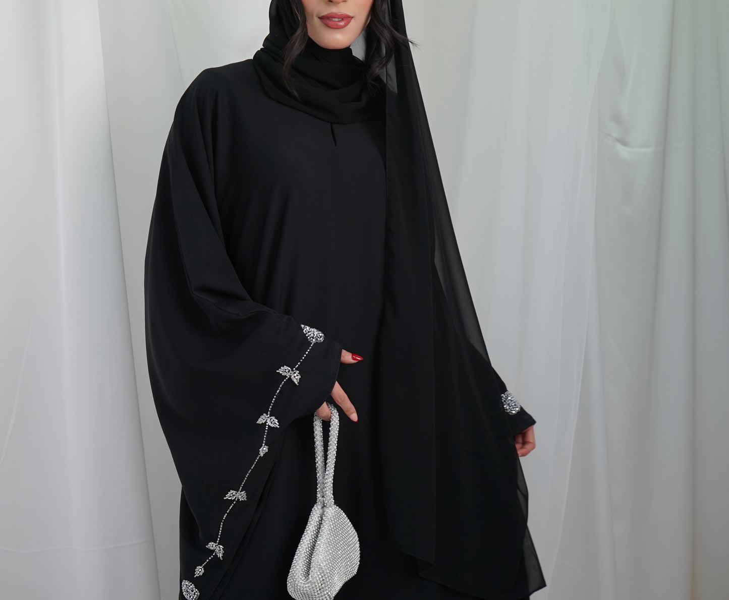 Eman bell sleeves silver embellished closed abaya