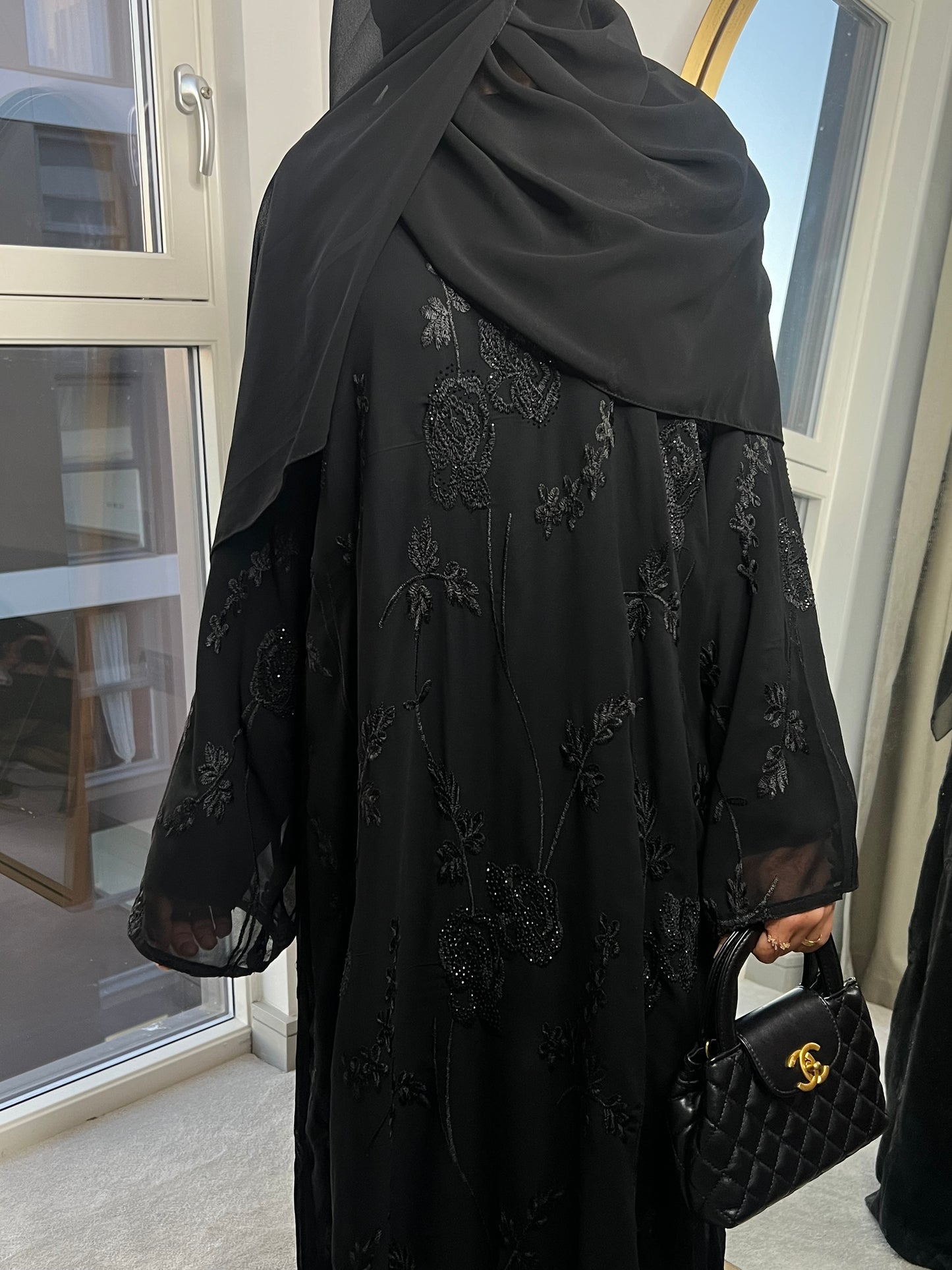 Halima chiffon black gems abaya with inner slip dress