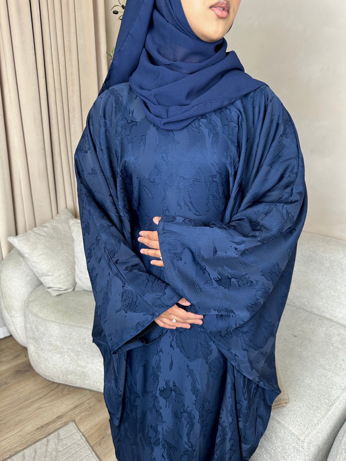 Hira Batwing Printed Abaya BLUE WITH NO INNER BELT