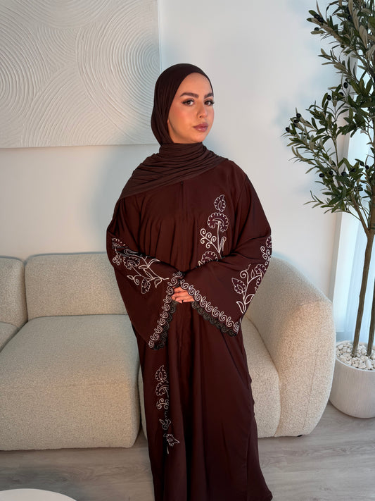 Zarina buttoned brown abaya with embroidery