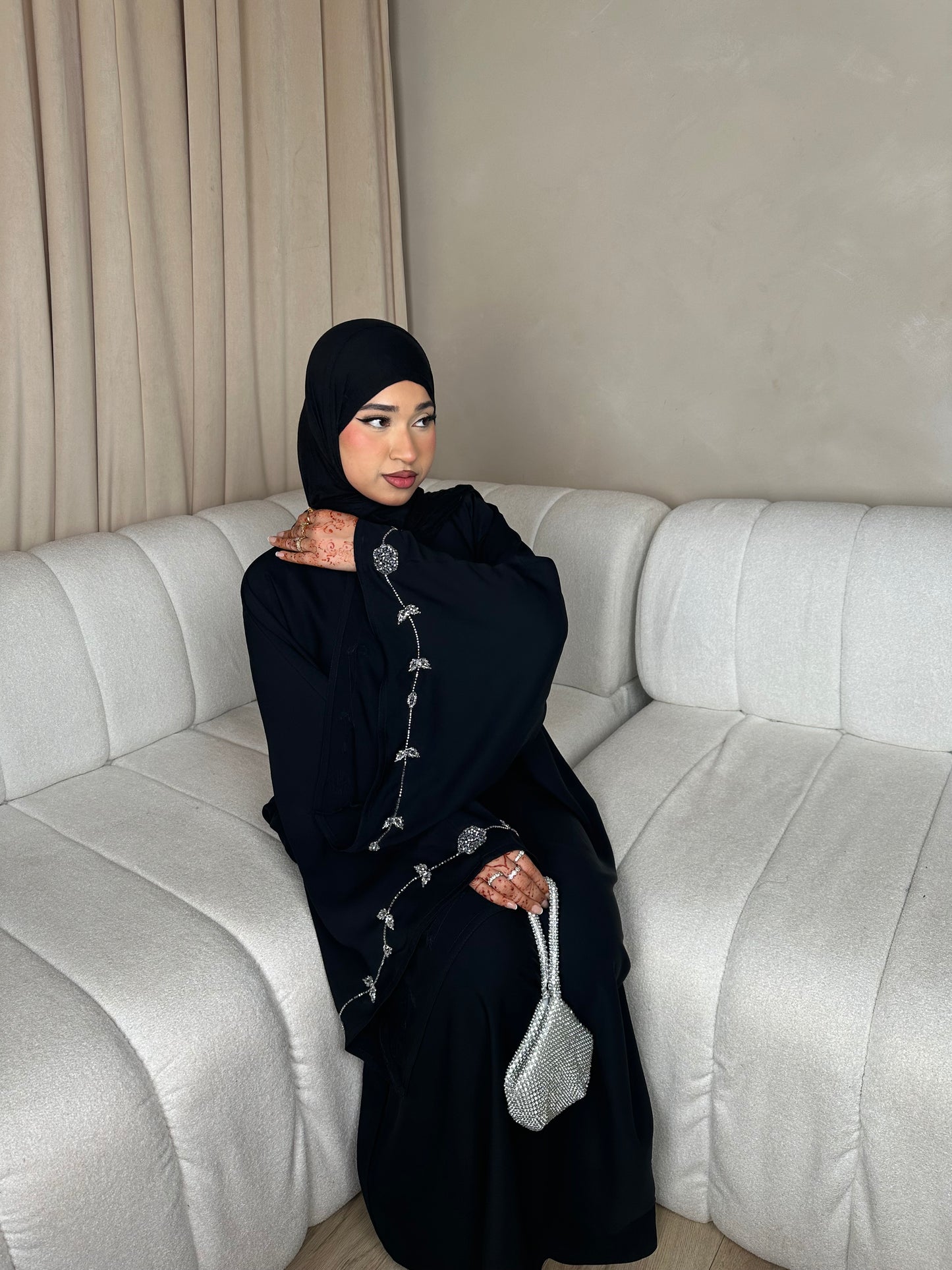Eman bell sleeves silver embellished closed abaya