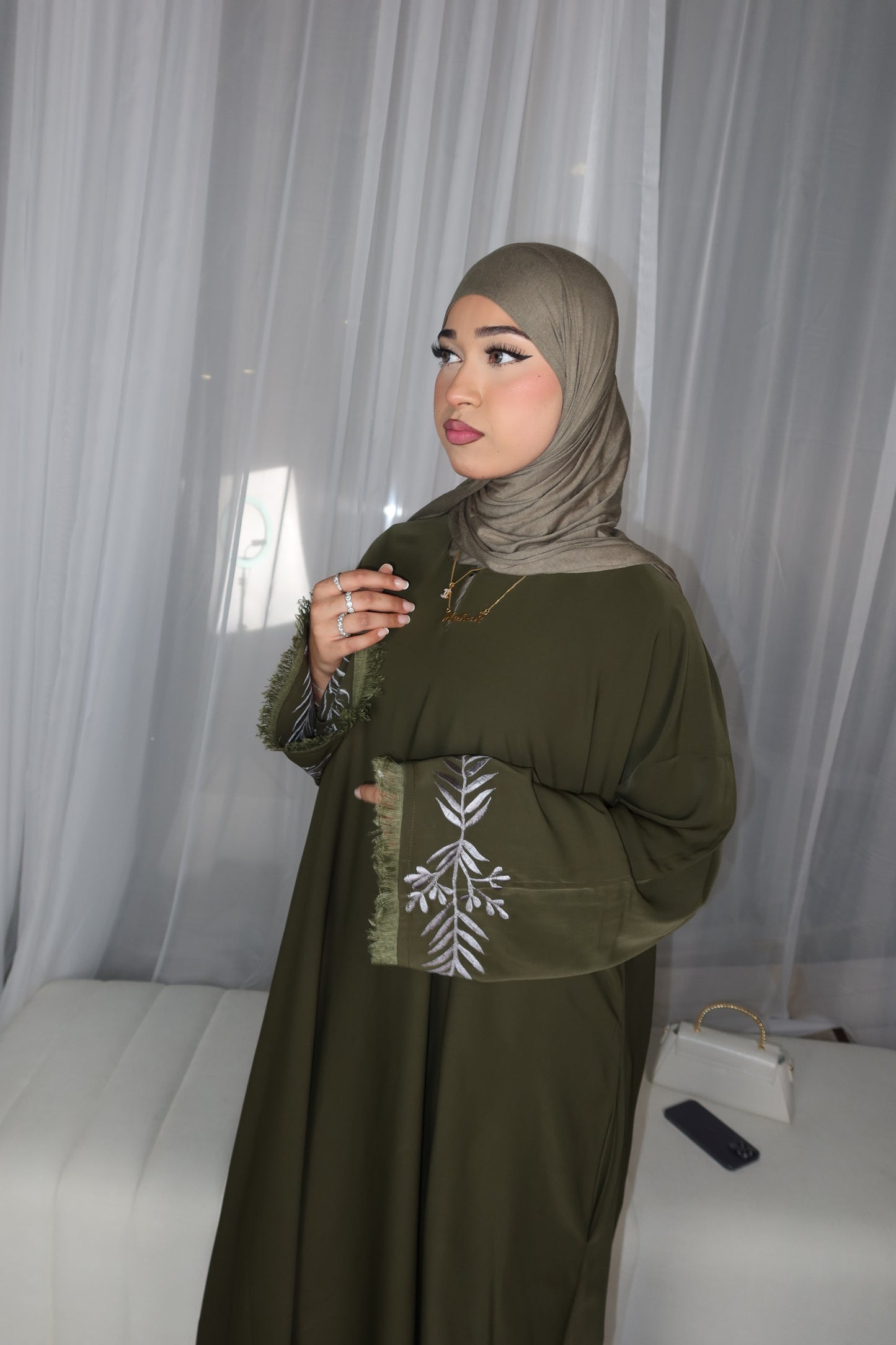 Filisteen olive embroidery closed abaya with matching embroidery hijab