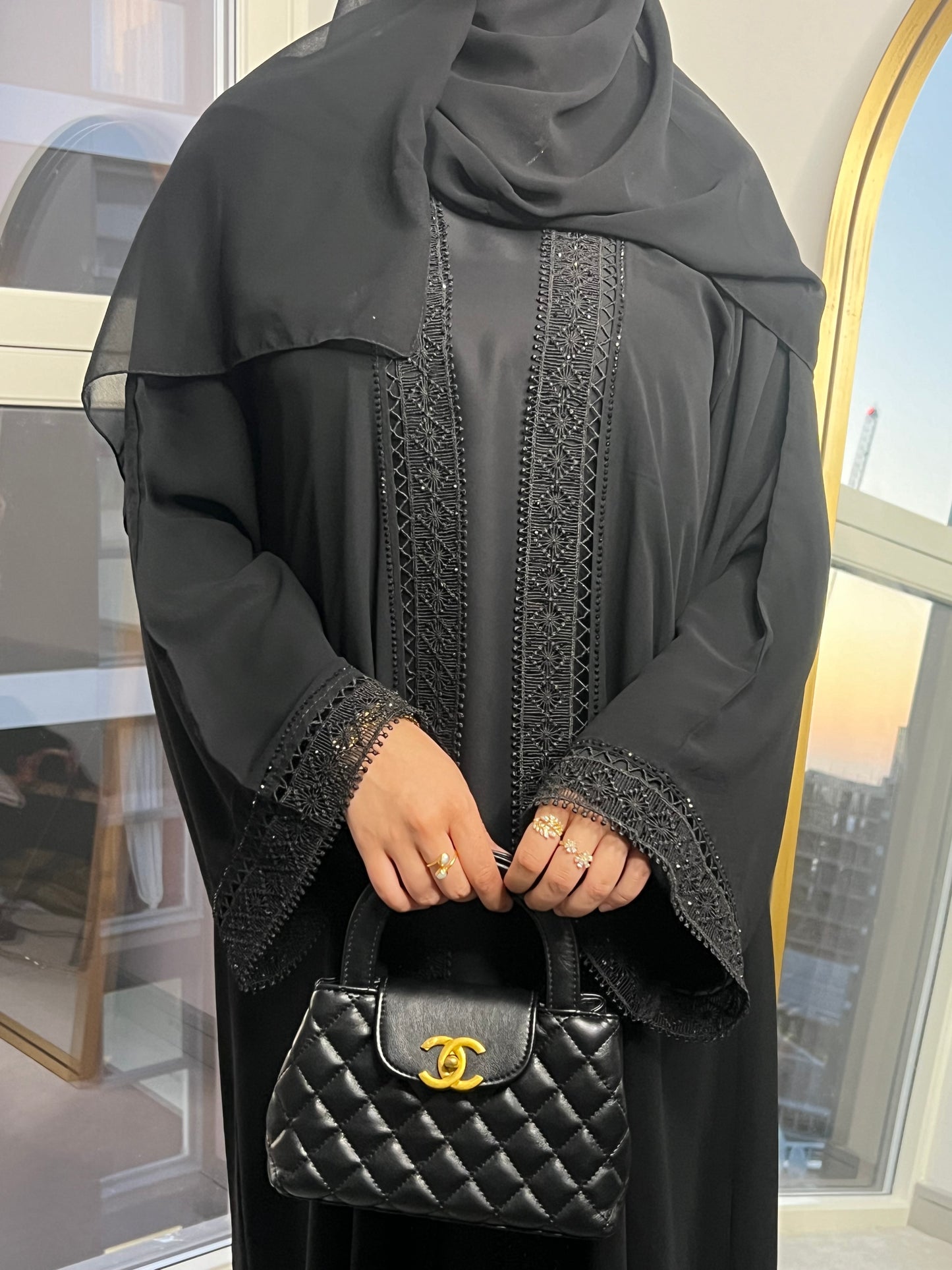 Ayah chiffon black gems abaya with inner slip dress