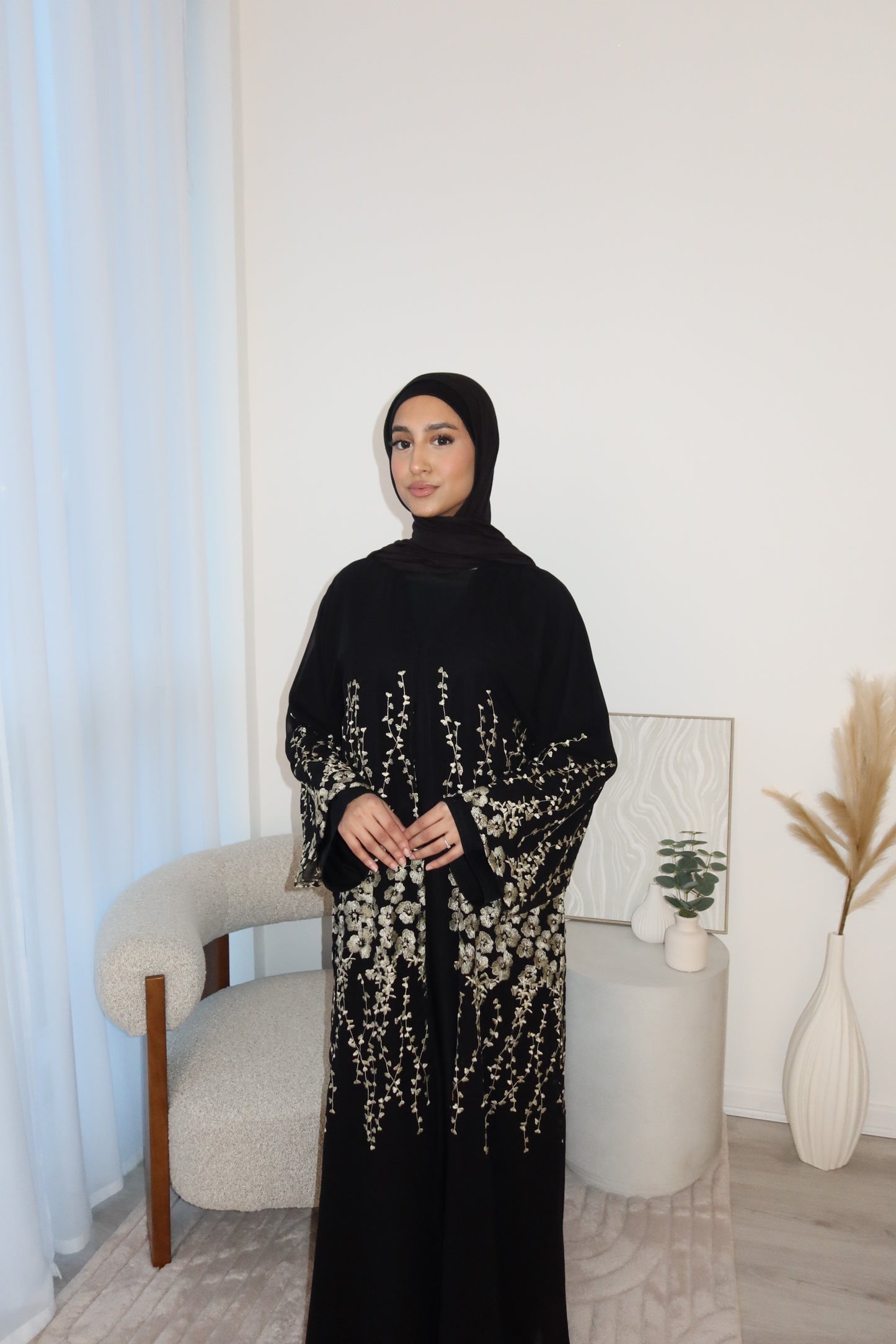 Yara chiffon layered abaya with gold embroidery and inner slip