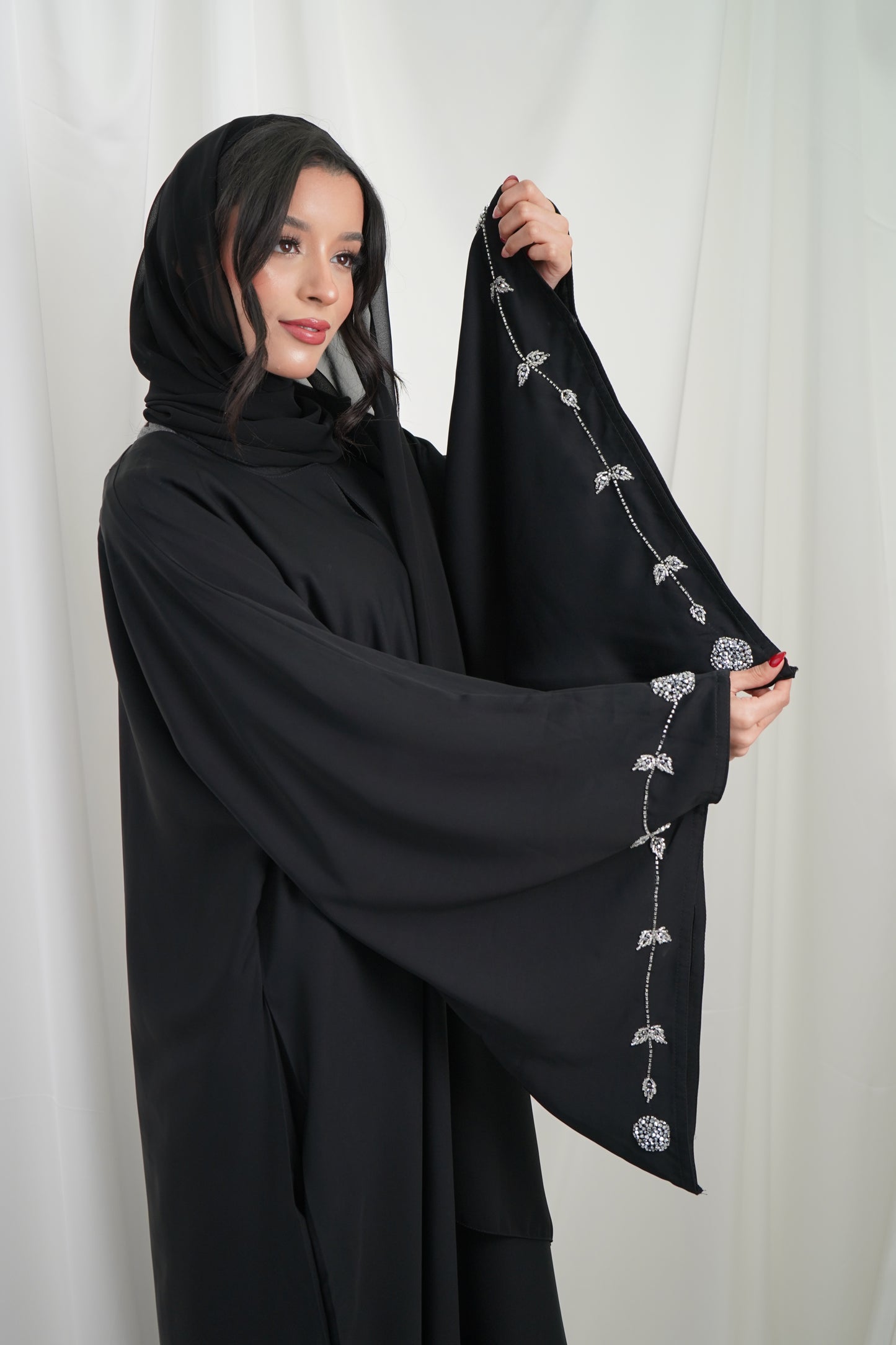 Eman bell sleeves silver embellished closed abaya