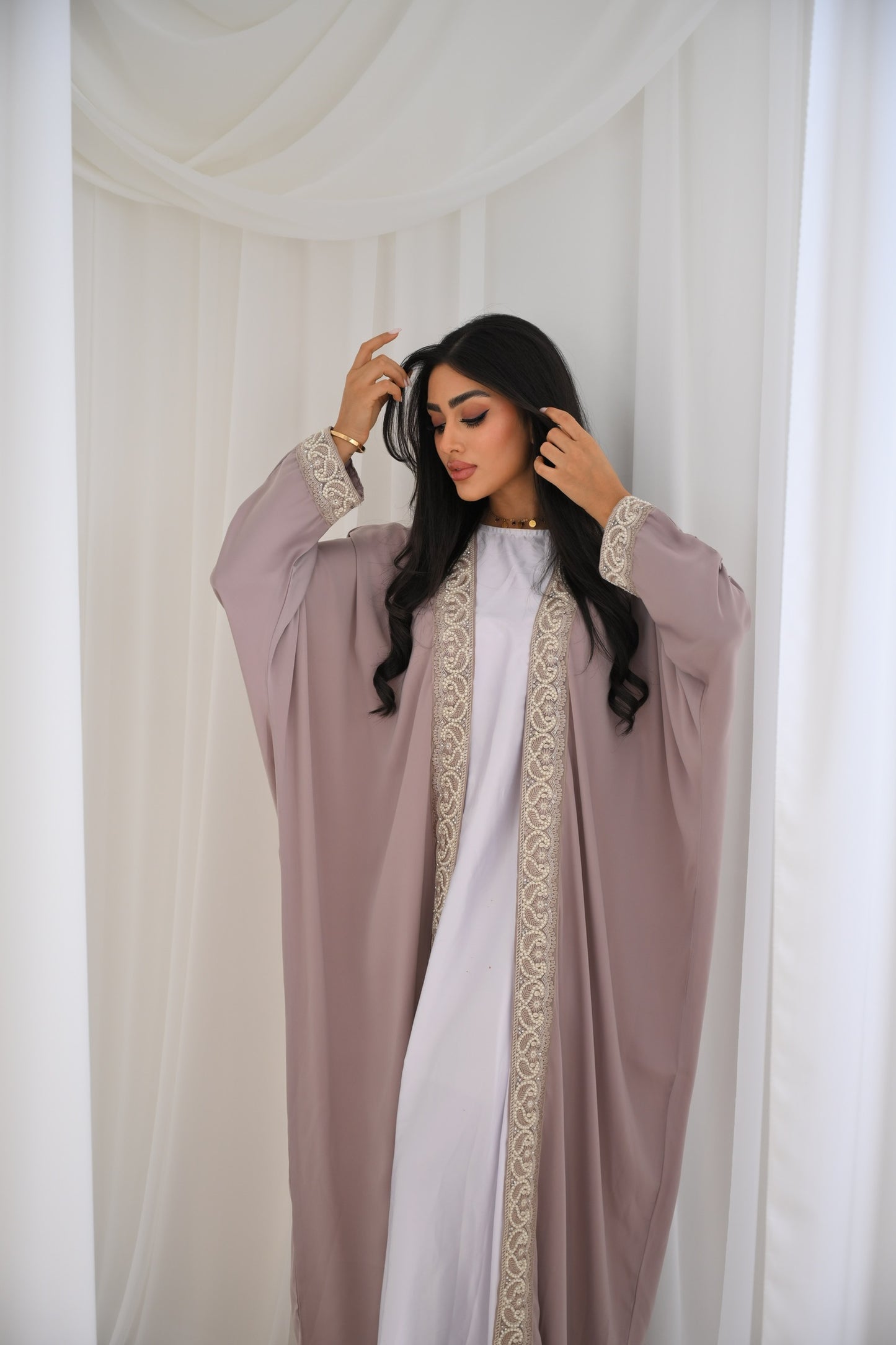 Light Pink with pearls Eid Luxury Lace Open Abaya LIMITED EDITION DROP