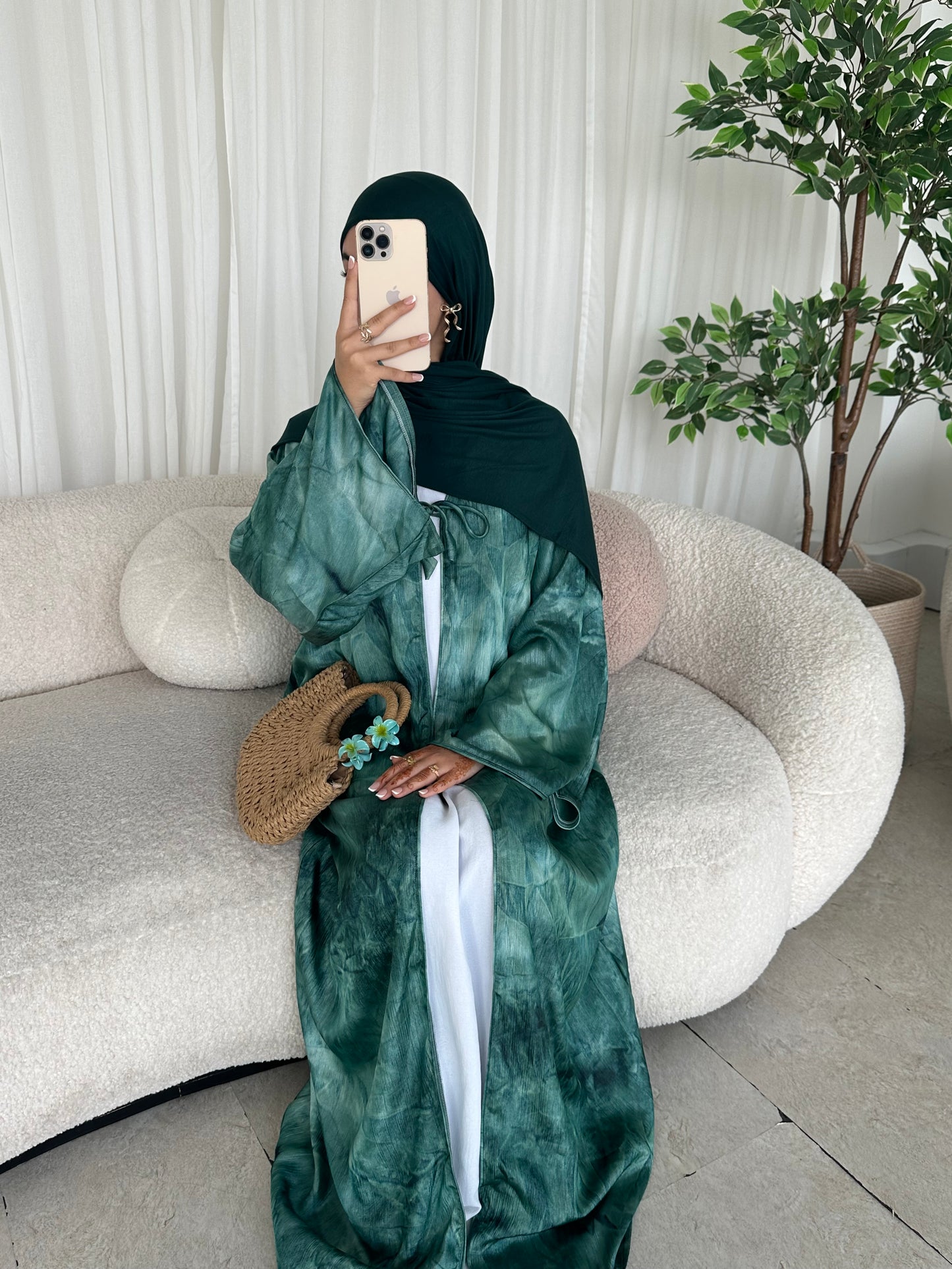 Bow tie up marble printed abaya