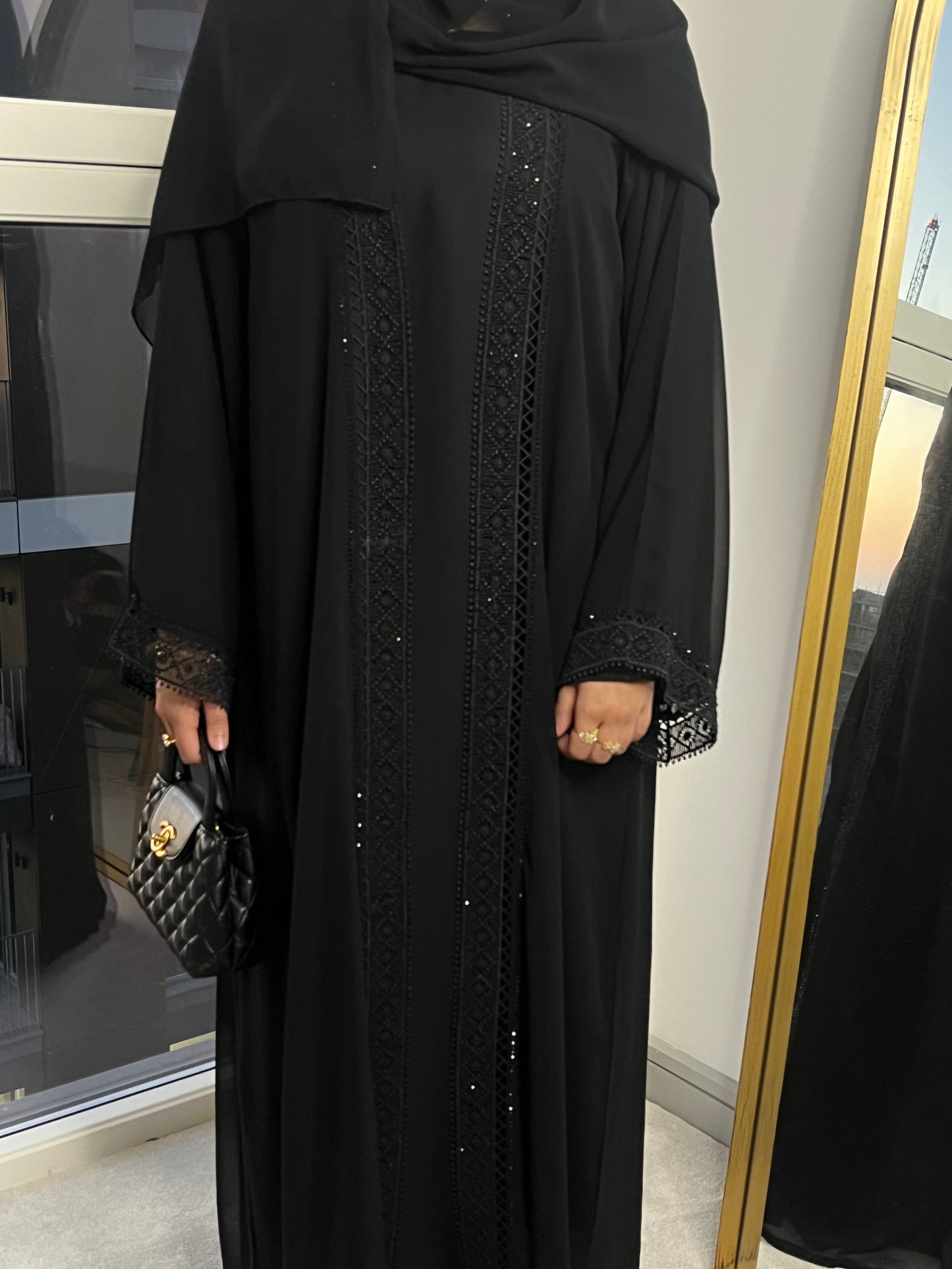 Ayah chiffon black gems abaya with inner slip dress