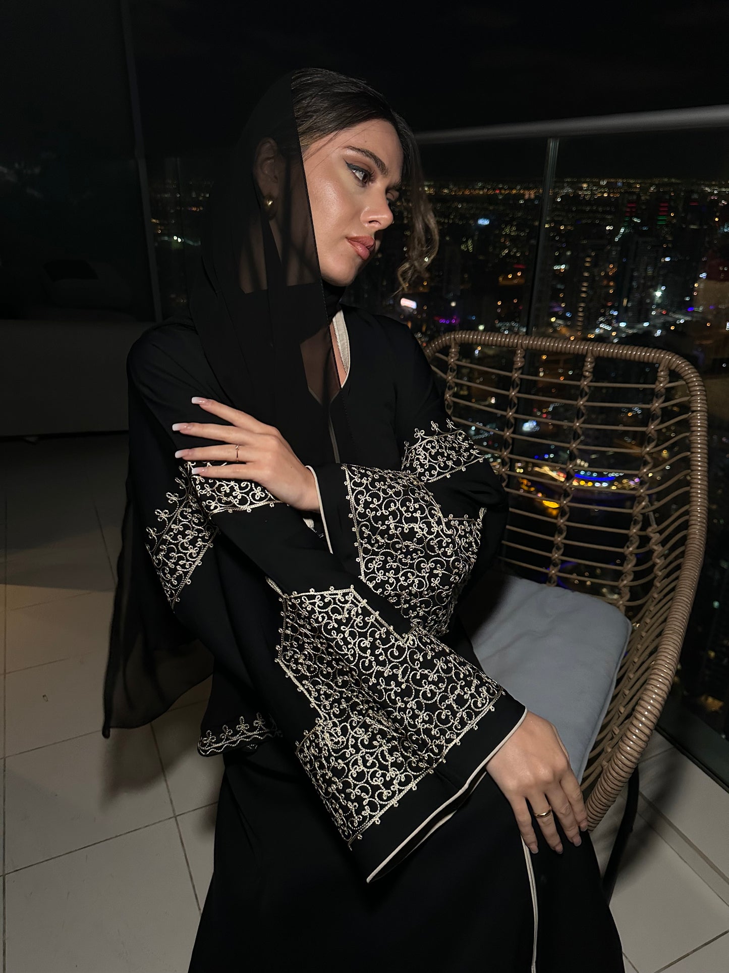Layaan black embroidery buttoned abaya
