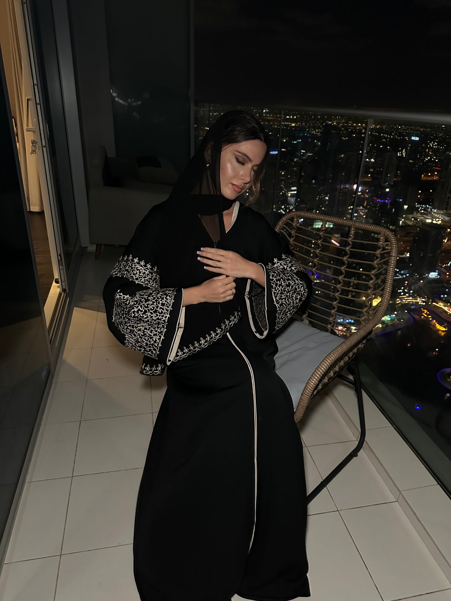 Layaan black embroidery buttoned abaya