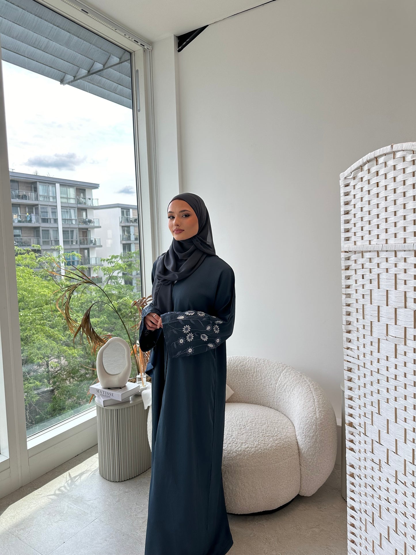 Khalifa blue embroidery buttoned abaya