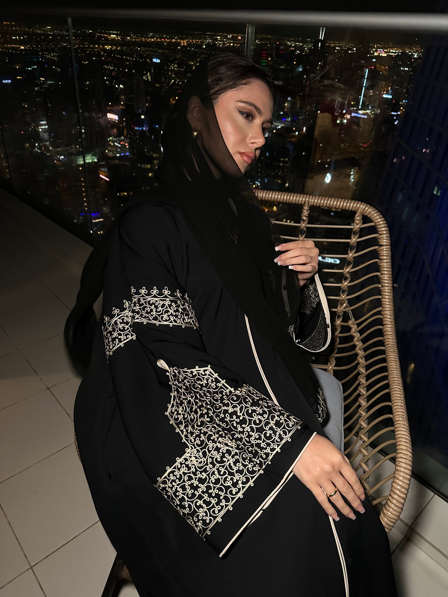 Layaan black embroidery buttoned abaya