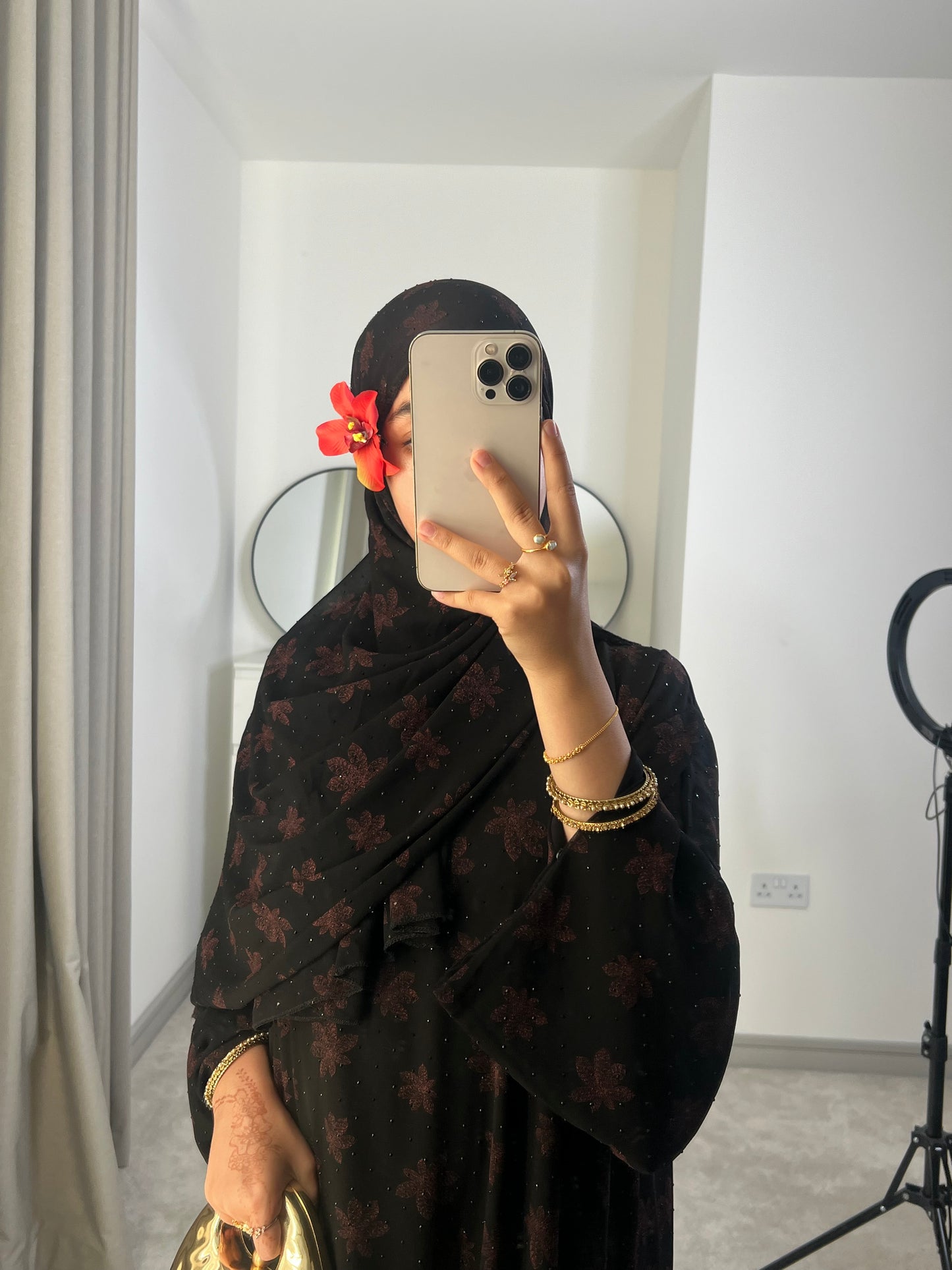 Sefina chiffon black gems abaya with matching chiffon gems hijab