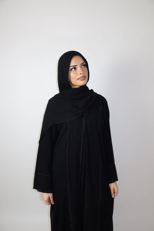Hayaat chiffon layered black lace abaya