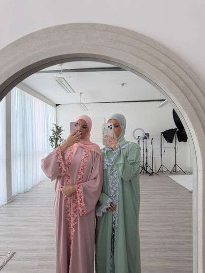 Yalda lace floral abaya set with inner slip dress