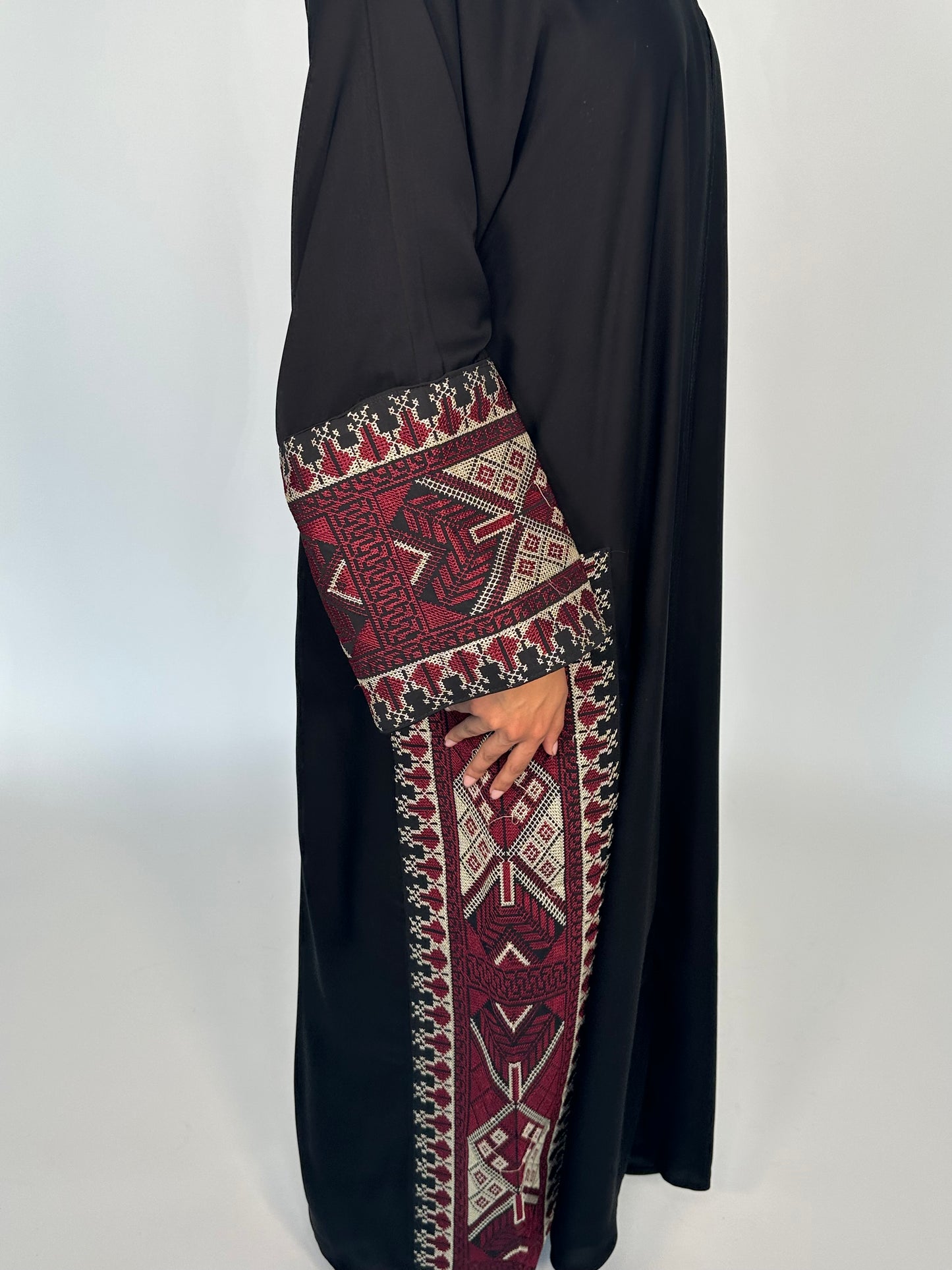Tatreez 3.0 black buttoned nida abaya embroidery
