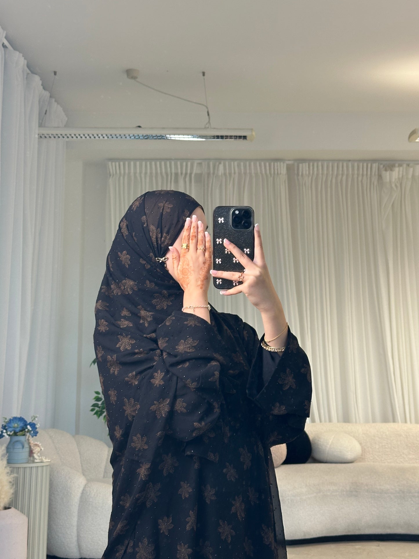 Sefina chiffon black gems abaya with matching chiffon gems hijab