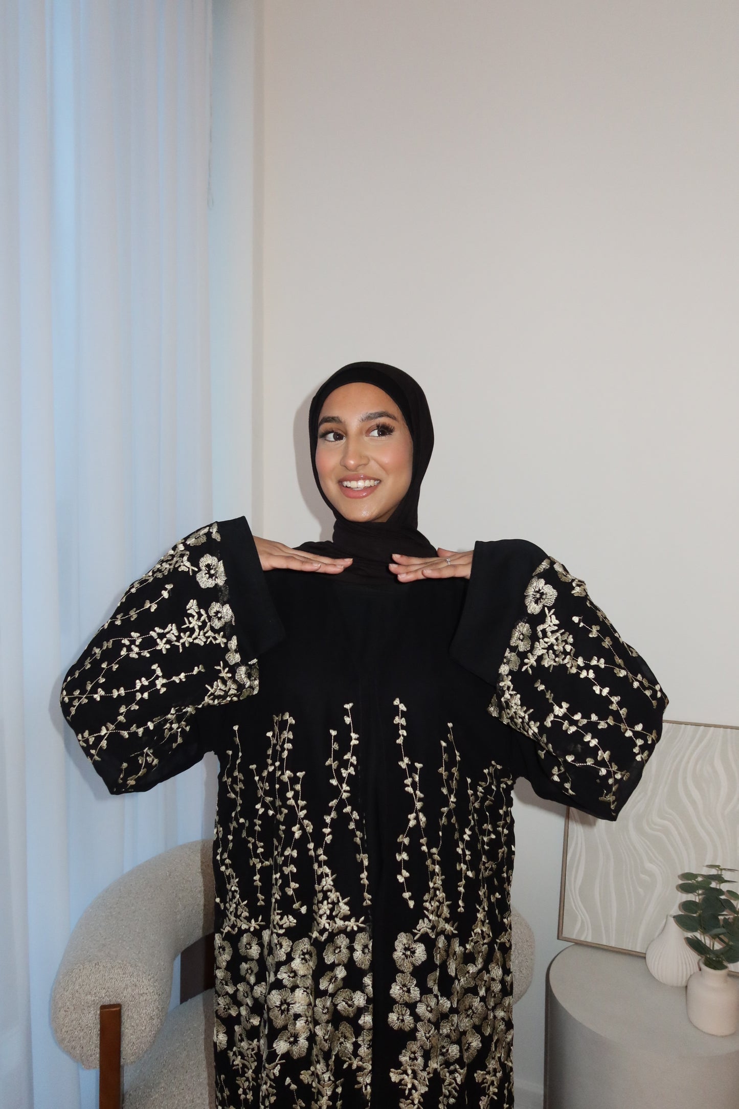Yara chiffon layered abaya with gold embroidery and inner slip