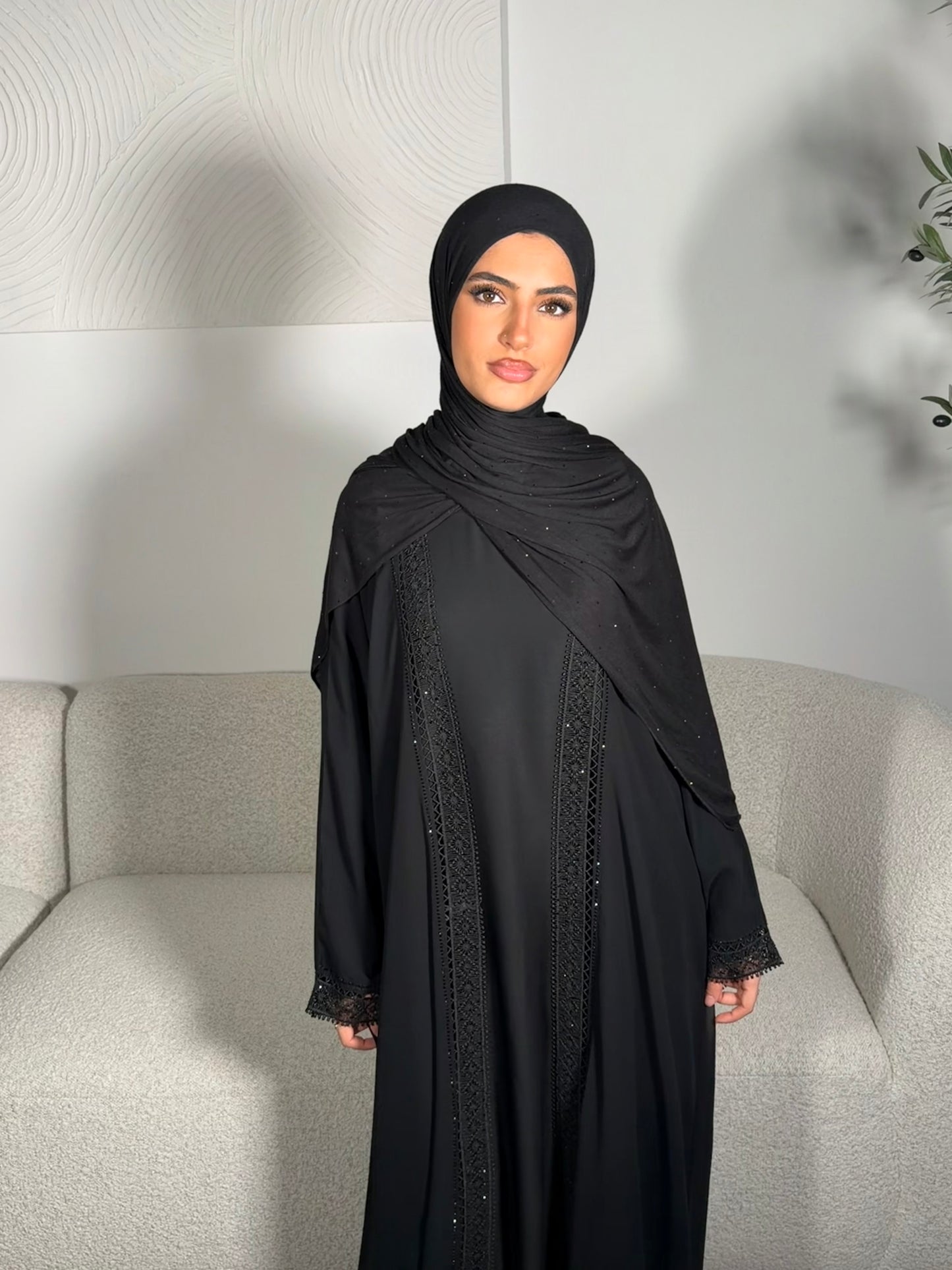 Ayah chiffon black gems abaya with inner slip dress