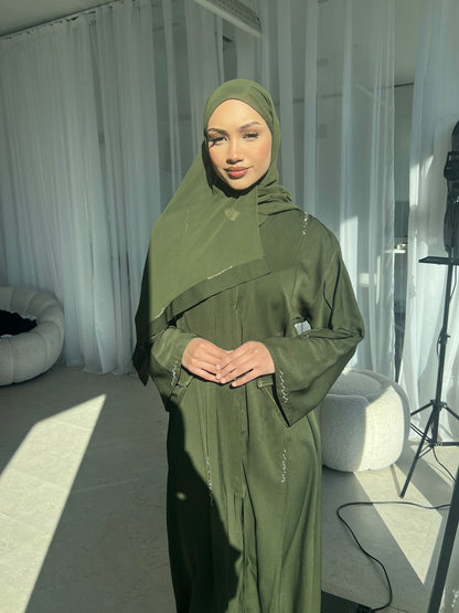 Sultan olive embellished buttoned abaya